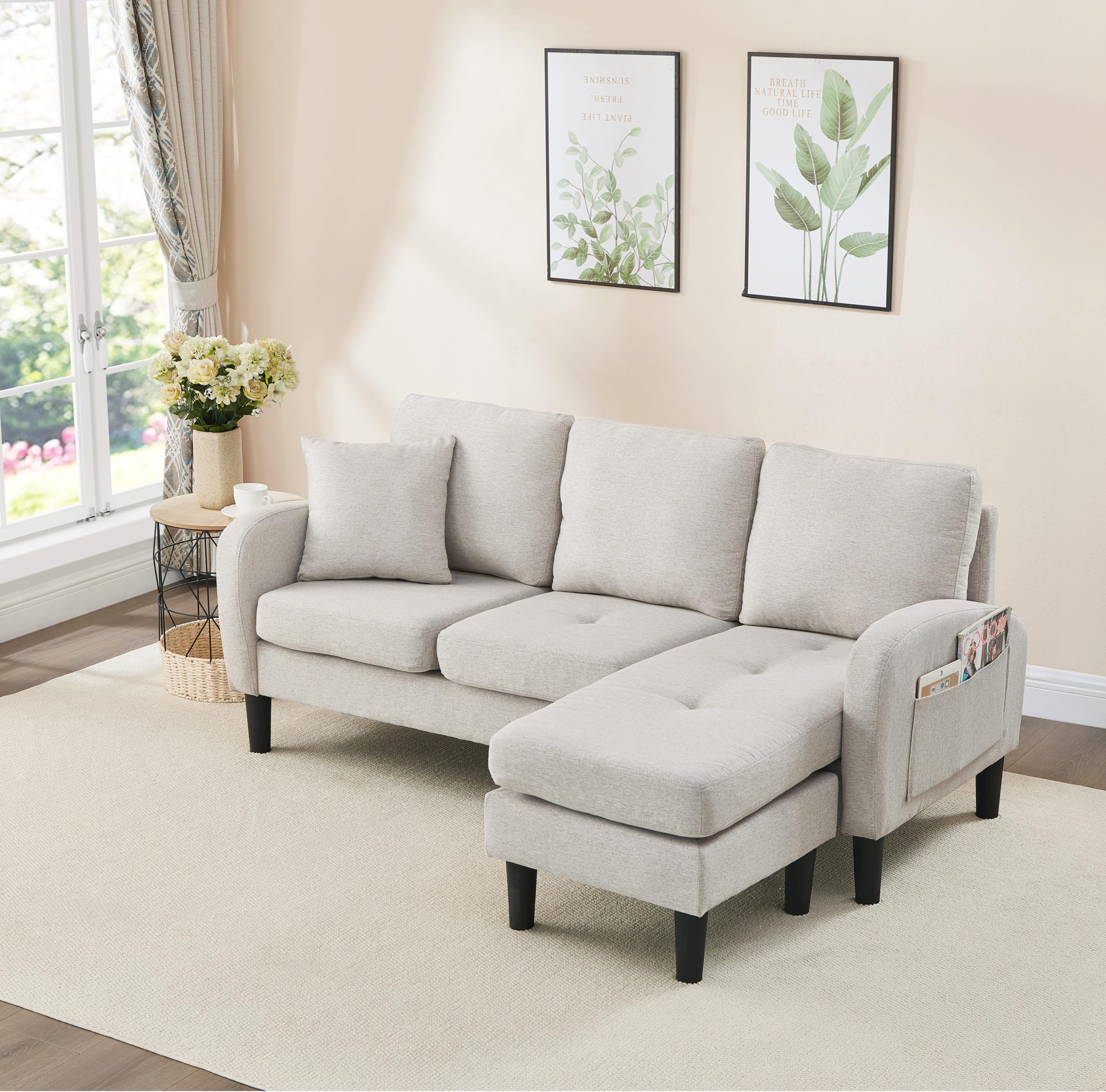 Sofá esquinero modular en forma de L, sofá cama pequeño de 3 plazas con chaise longue y reposapiés, sofá para apartamentos pequeños, gris (Beige Gray+White, 3 plazas)