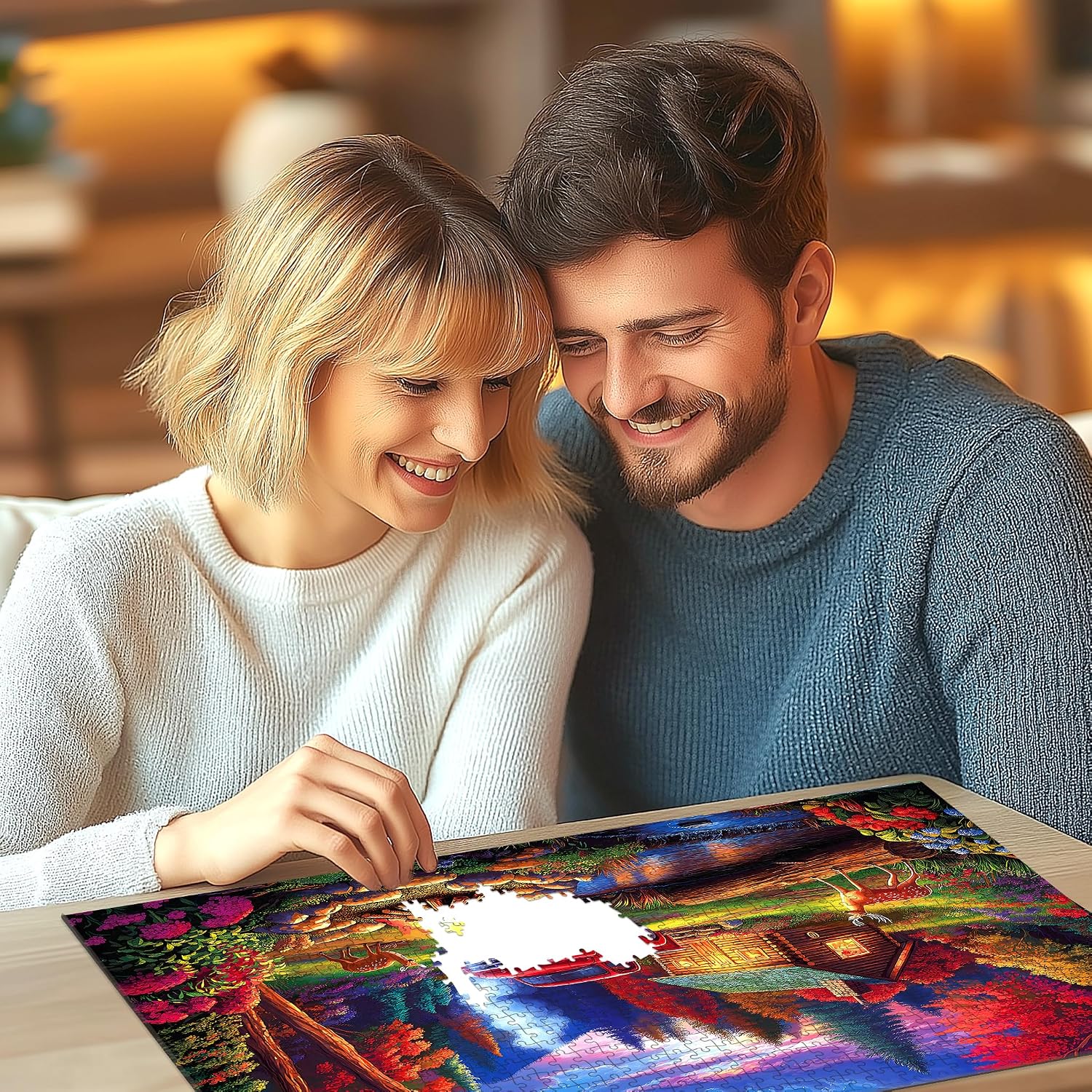1000 Piece Jigsaw Puzzle for Adults, Rustic Camping Scene with Log Cabin, Vintage Red Truck, Deer & Campfire, Colorful Forest Dusk Landscape, Premium Quality Puzzle for Family Fun image 5