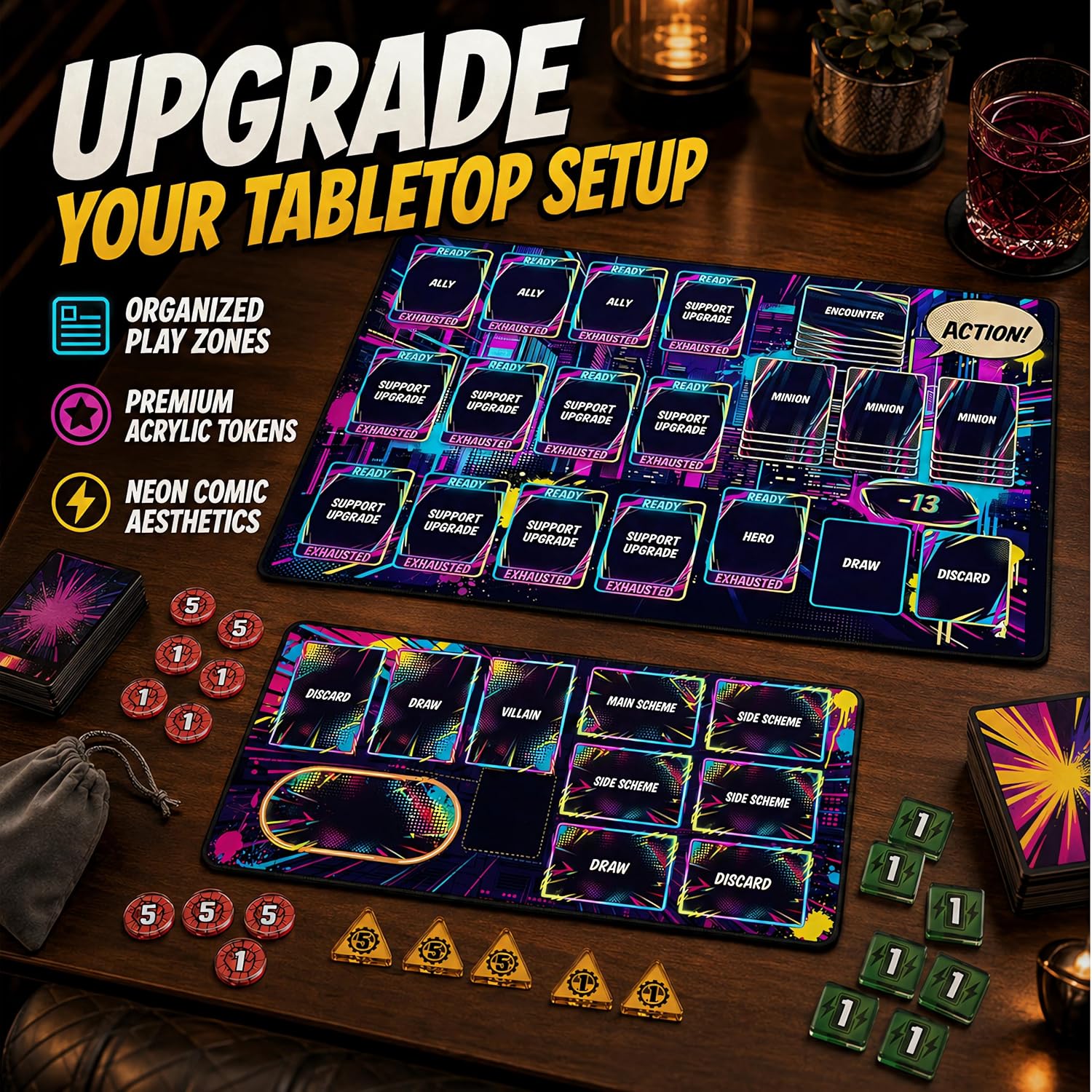 2-Piece Superhero LCG Playmat Set with 32 Acrylic Tokens – Premium Neoprene Hero & Villain Dashboard Mats – Organized Card Layout, Stitched Edges, Non-Slip Base + Travel Bag (The Bundle)