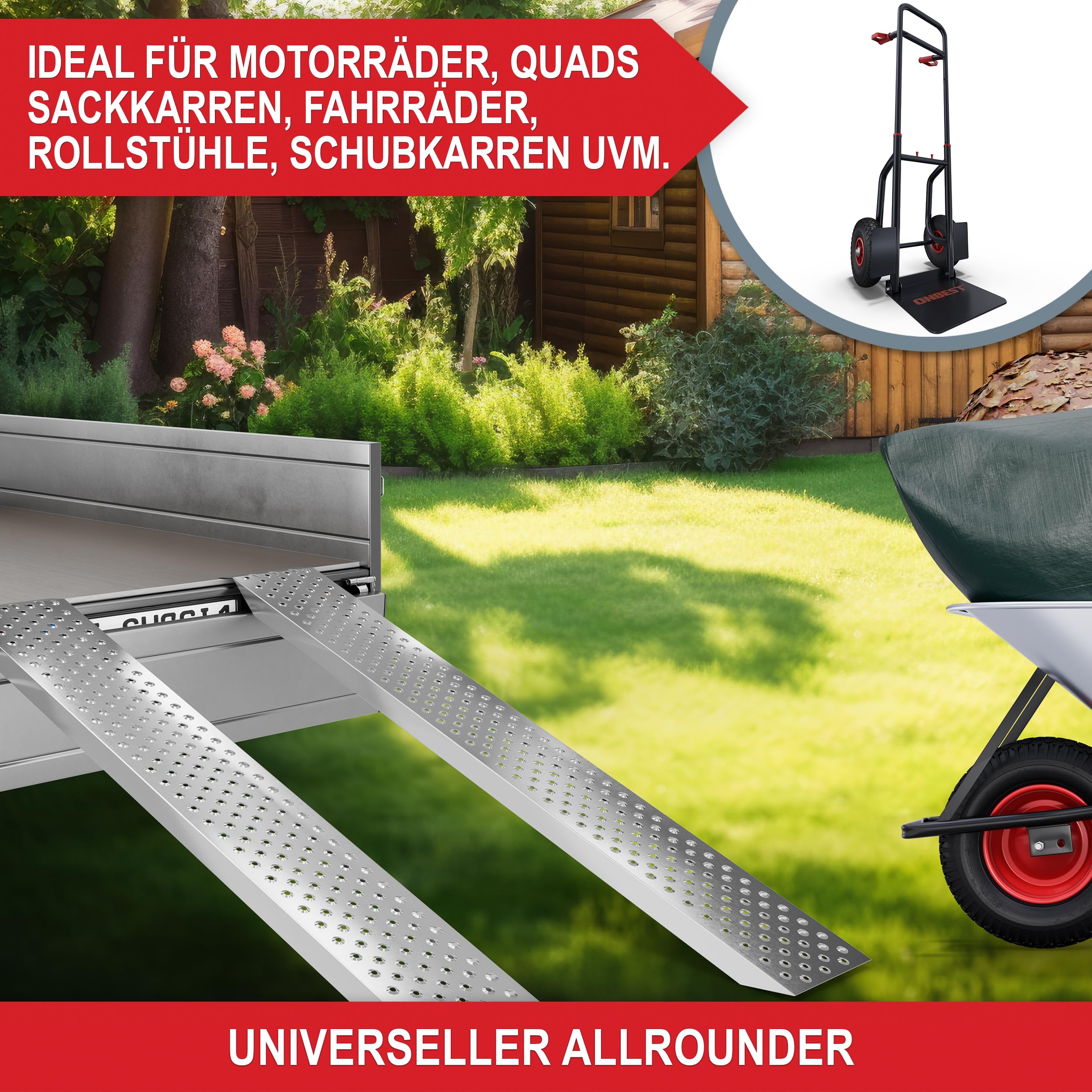 ONBEST Auffahrrampen 2x200 kg – 160 cm mit Spanngurten | 2 Auffahrschienen 22,5x160 cm für Anhänger und Auto – Laderampe in Silber inkl. 2 Spanngurte 25 mm x 4 m