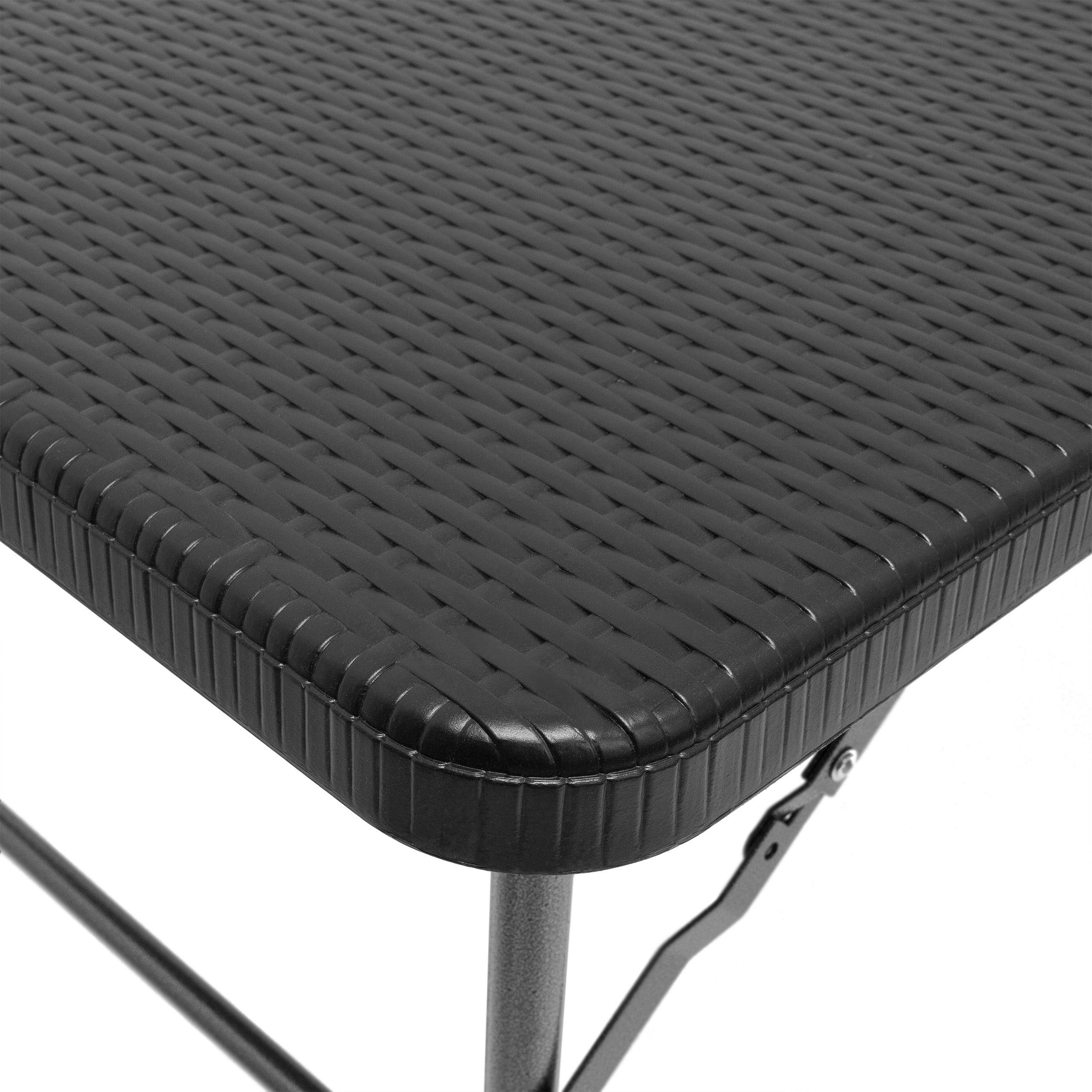 Relaxdays Tavolo da Campeggio Pieghevole BASTIAN, Rettangolare 74x121,5x61,5, Tavolino da Outdoor, Aspetto Rattan, Nero