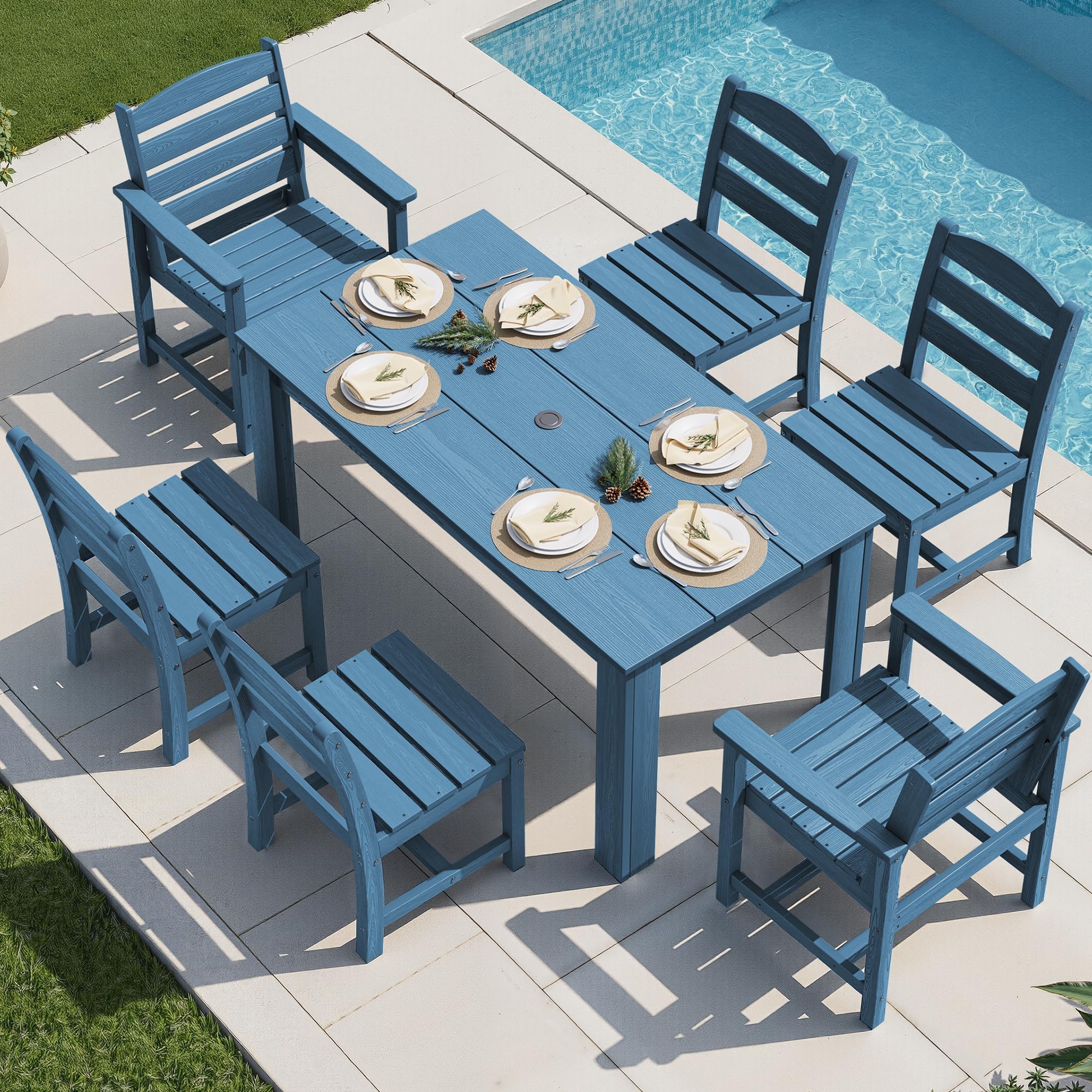 SERWALL Outdoor Dining Sets for 6, HDPE Dining Sets with 1 Umbrella Hole Cut-Out Rectangular Table and 4 Armless Chairs and 2 Armchairs, Patio Dining Sets, Blue