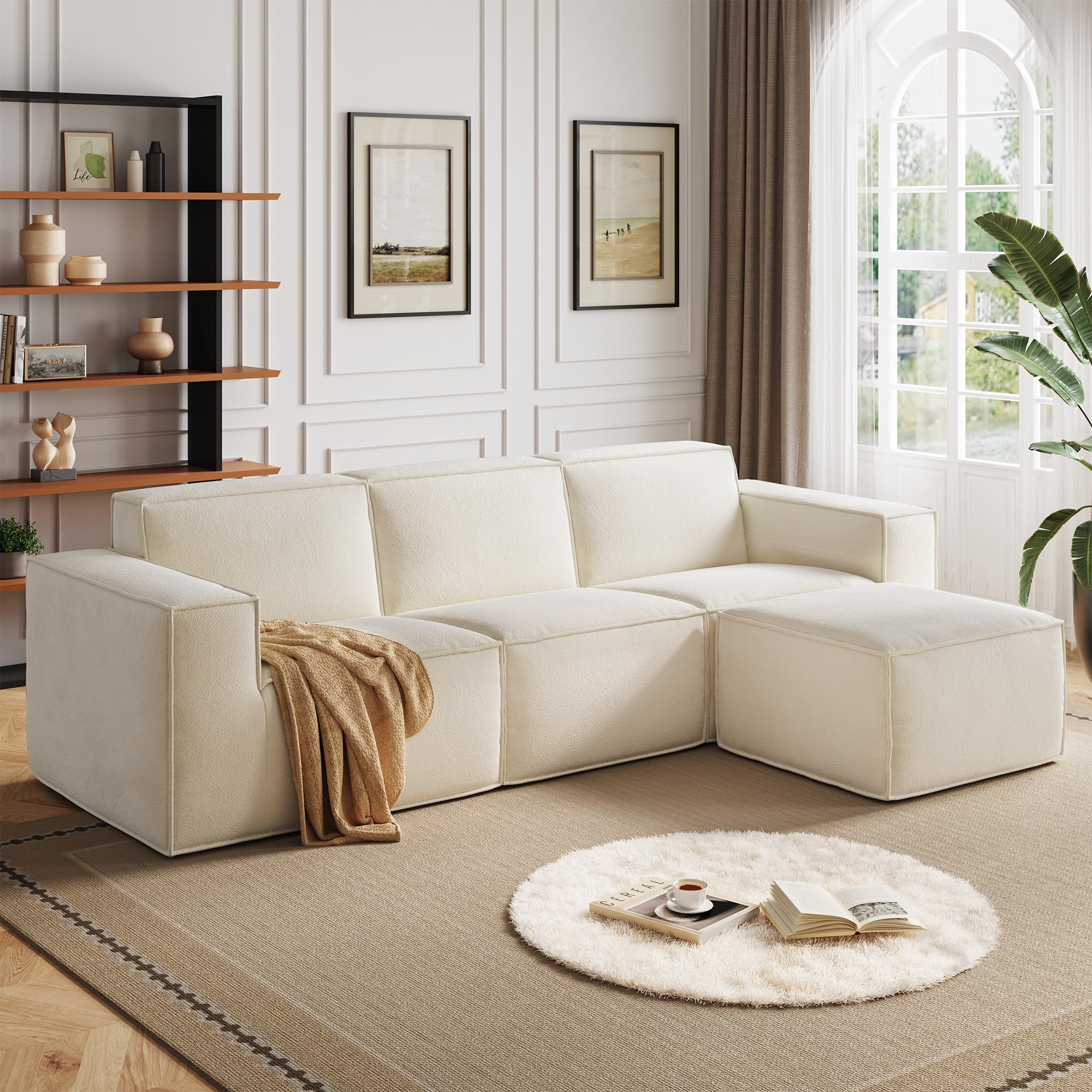 LINSY HOME Sofá de Esquina con función de Dormir - Sofá Cama Modular de 266 cm, sofá en Forma de L, sofás seccionales para salón, no Requiere Montaje (Chenilla, Blanco, 3 plazas con otomana)