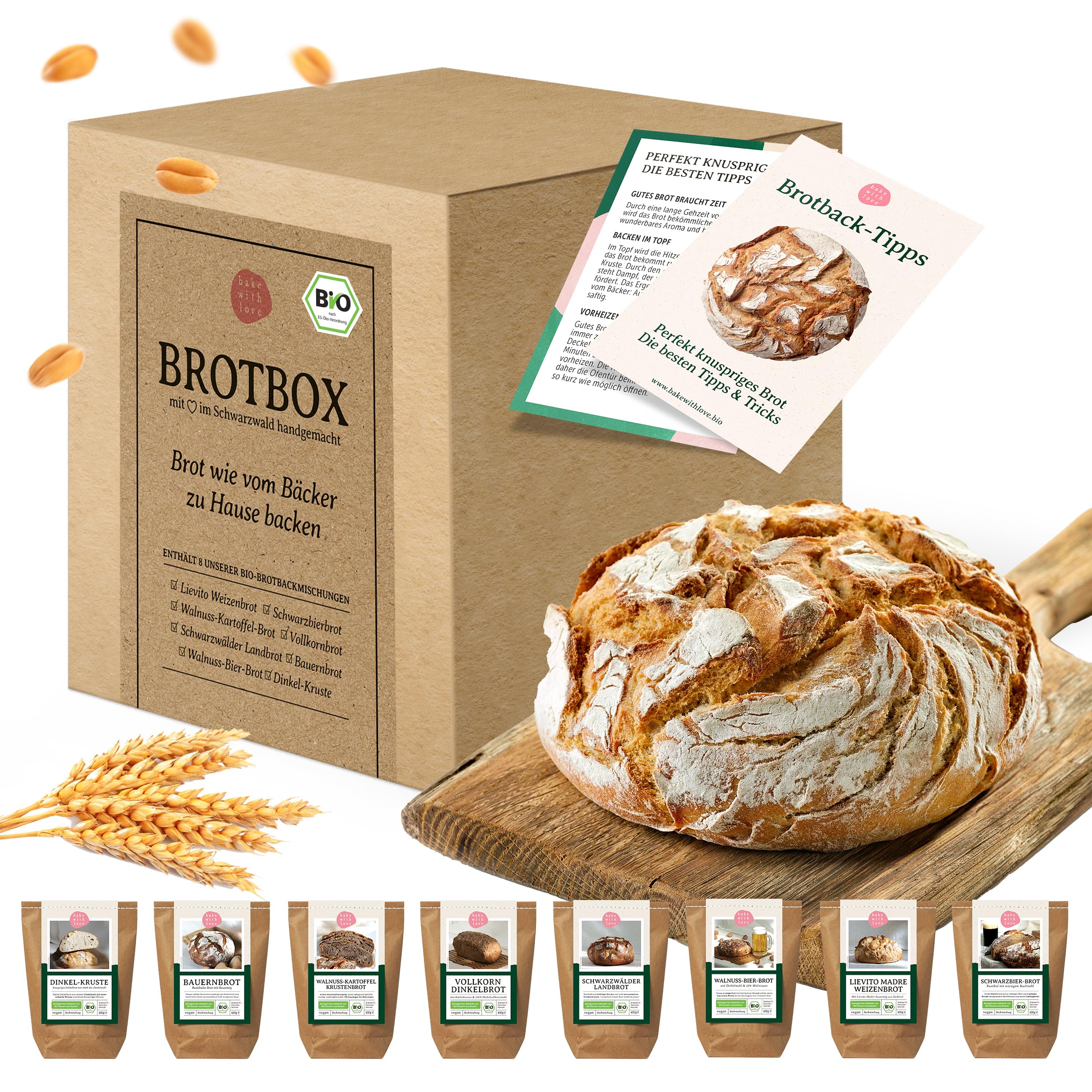 Bio Brotbackmischungen Set – 8 Sorten zum Selberbacken für Brotbackautomat & Ofen – mit Sauerteig und Dinkelmehl - ideal als Geschenk zum Einzug oder Geburtstag – Bake with Love