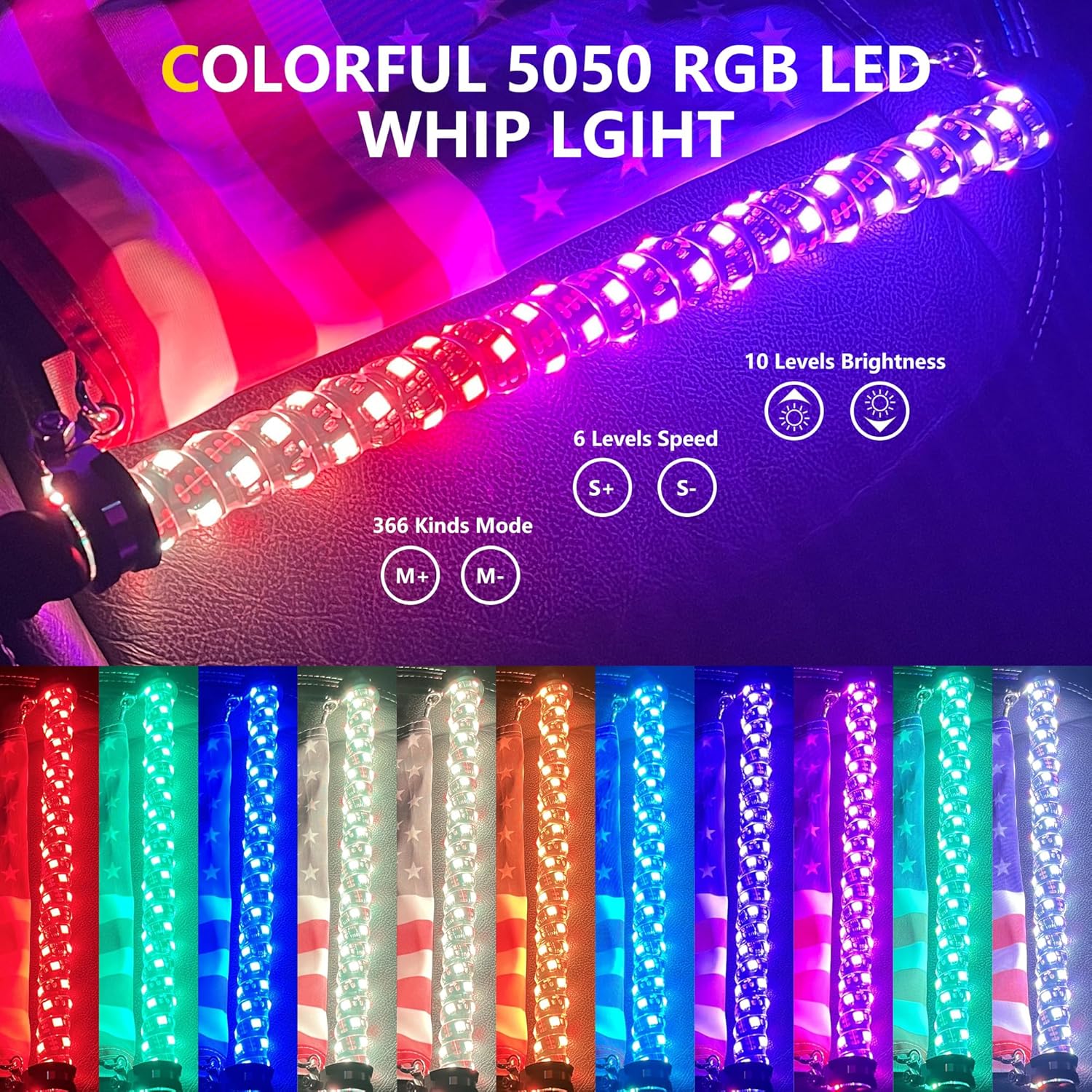 2 Pack 2FT LED Whip Lights for Side By Side UTV ATV Polaris RZR Can-Am SXS Truck Accessories with Whip Flags, Spiral RGB Chase Whips Light with App & Remote Control, Shake Music Lighted Whips