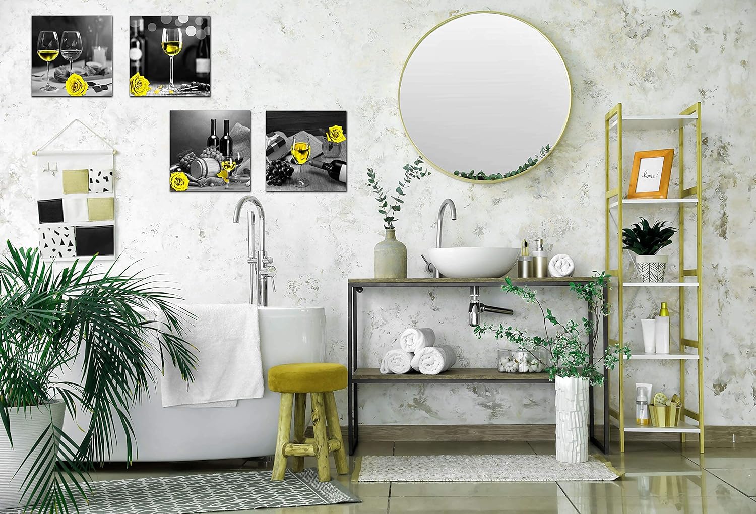 Kitchen Wall-Decor - Wine Wall Art For Bedroom Women,Black And White Wall Art - Modern Art Decorations For Living Room - Yellow Rose Artwork Gray Cask 4 Framed Canvas Art 14x14 Inches 14"x14"x4Pcs Yellow