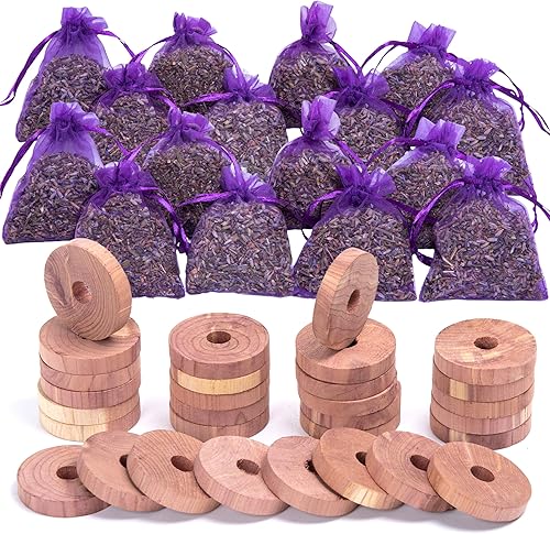 Lavande Sur Terre LV-E-LC-2 - Paquete de 30 bloques de cedro y 16 bolsitas de flores de lavanda, ambientador de cajón, lino, regalo de ducha, boda y