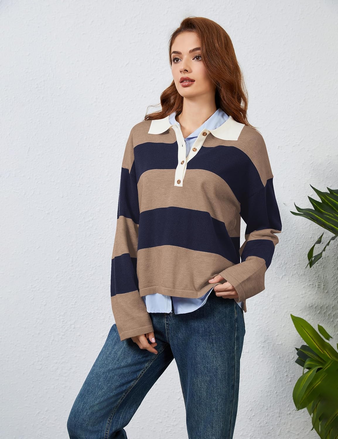 Womens Striped Sweater Shirts Lapel Polo V Neck Long Sleeve Strip Knit Pullover Casual Layer Top Jumper Y2K Shirt - Image 7