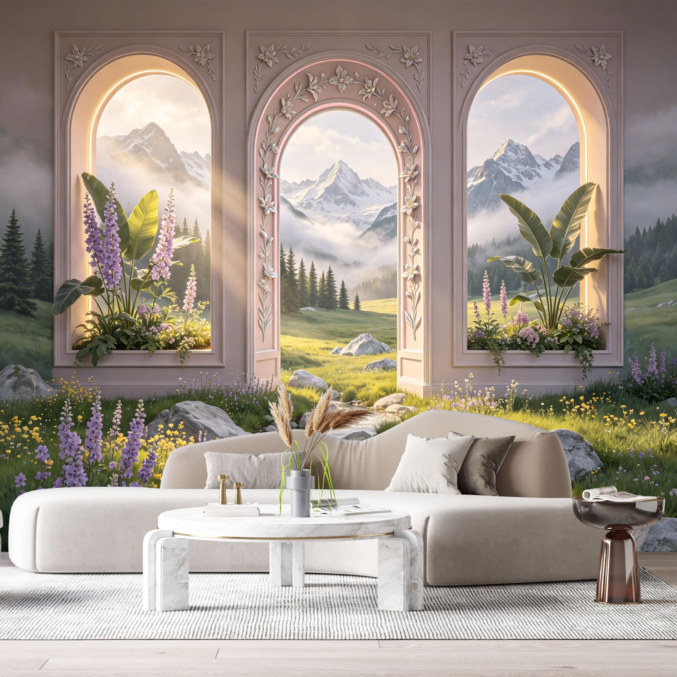 Custom Size Wall Murals Archway Mountain Lake Botanical Landscape 3D Trompe L'Oeil SelfAdhesive Wall Fabric Removable Large Wallpaper for Photo Living Room