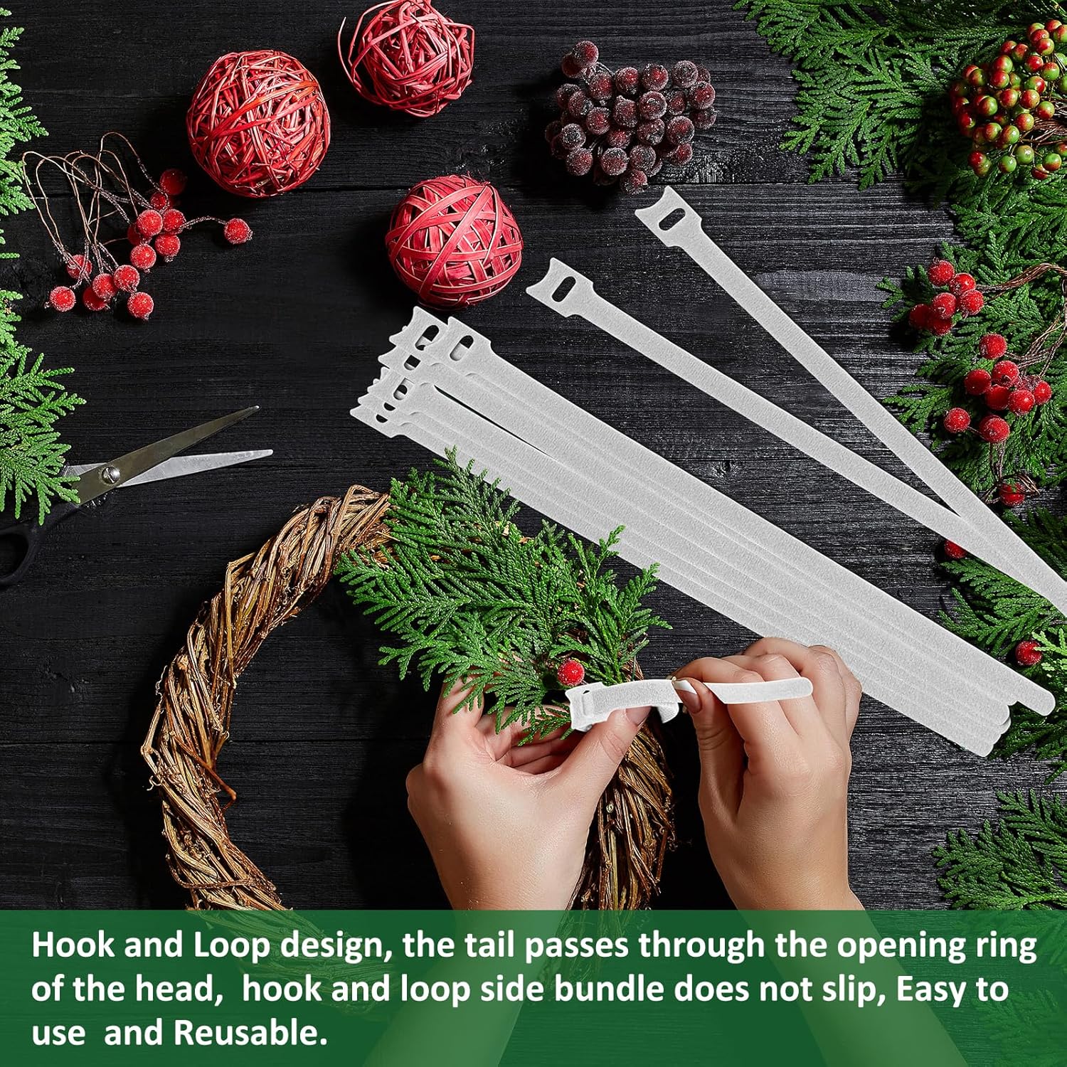 80Pcs Christmas Garland Ties White Hook and Loop Plant Cable Ties Adjustable Holiday Garland Ties Nylon Garden Plant Cable Strap for Wreath Garland Making Xmas Tree Door Banister Stairway Decoration