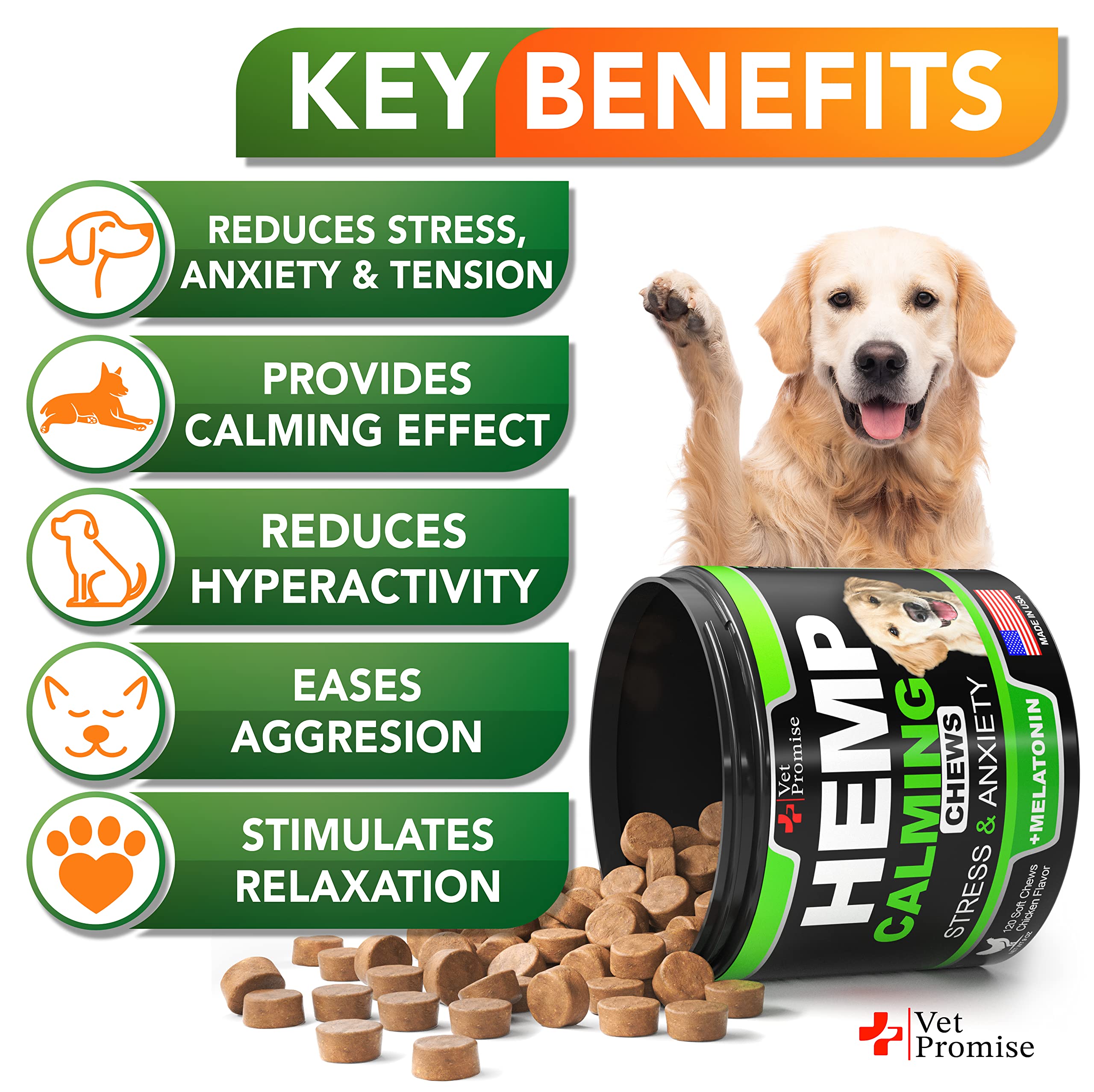 Masticables calmantes de cáñamo para perros con ansiedad y estrés, golosinas calmantes para perros, alivio de la ansiedad del perro, separación, viajes, ladridos, melatonina para perros, aceite de