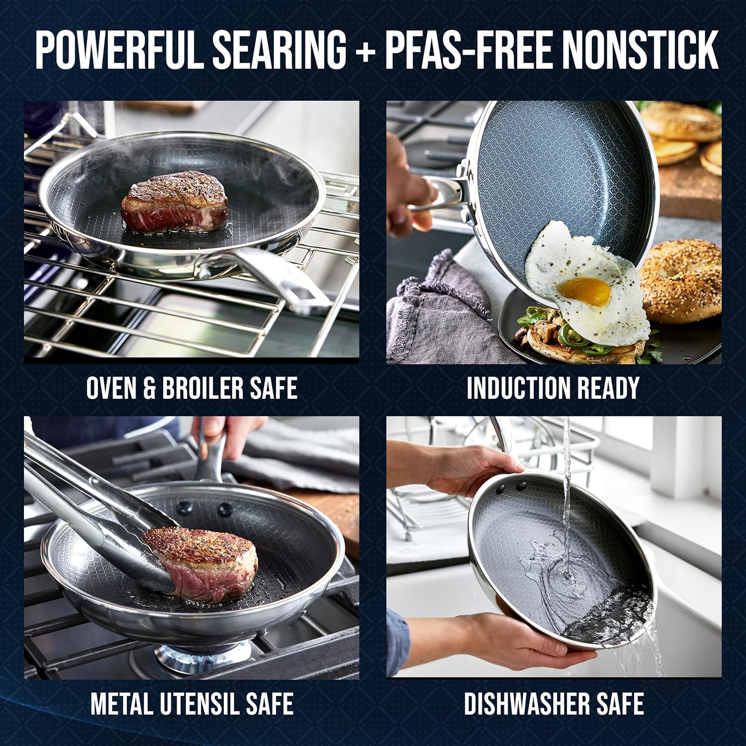 Blue Diamond Hybrid Nonstick Stainless Steel 10” Frying Pan, PFAS-Free Ceramic Diamond Surface Skillet, Diamond Bond Powerful Searing, Dishwasher Safe, Stay-Cool Handle, Induction Ready, All Cooktops - Image 3
