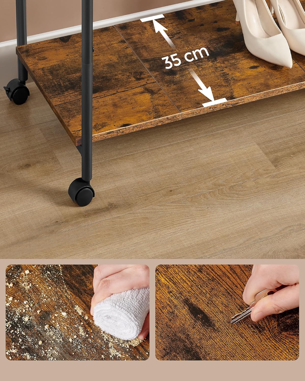 Close-up of the rustic brown bottom shelf with shoes and storage boxes, showing a measurement of 35 cm depth and illustrating how to clean the surface.