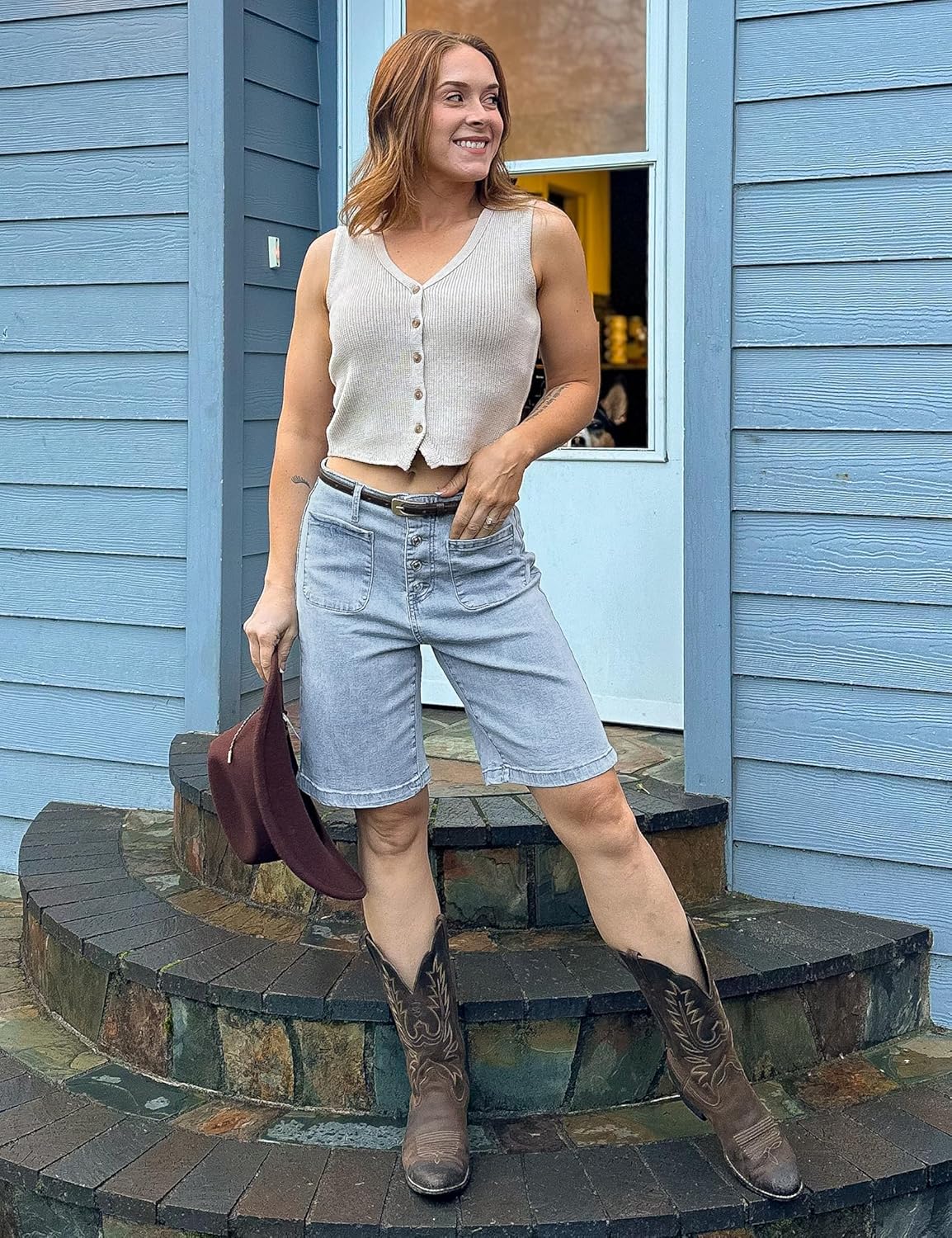 luvamia Bermuda Shorts for Women Jean High Waisted Trendy Patch Pockets Casual Summer Button Fly Stretchy Denim Shorts - Image 2