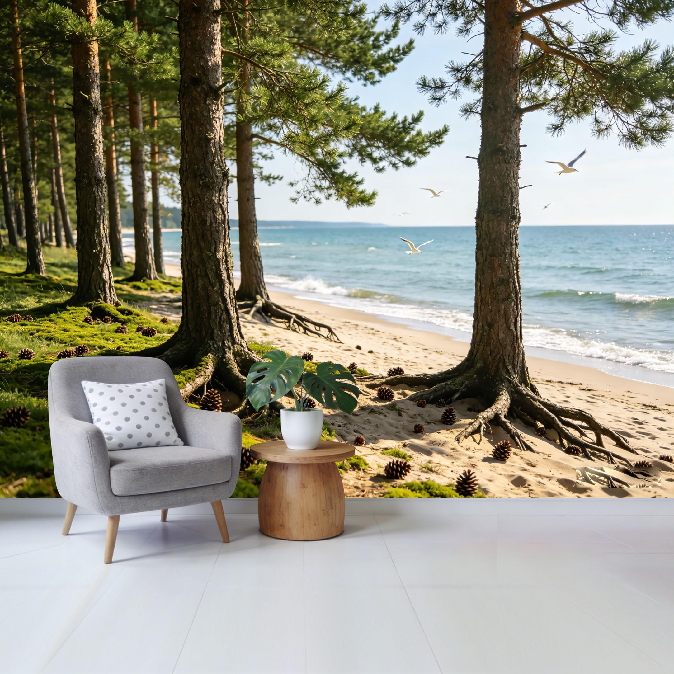Qzlithotic Yq2605250107 Custom Size Wall Mural Scenic Coastal Pine Forest Beach Seascape Nature Landscape Selfadhesive Wall Fabric Removable Wallpaper For Home Office Decor