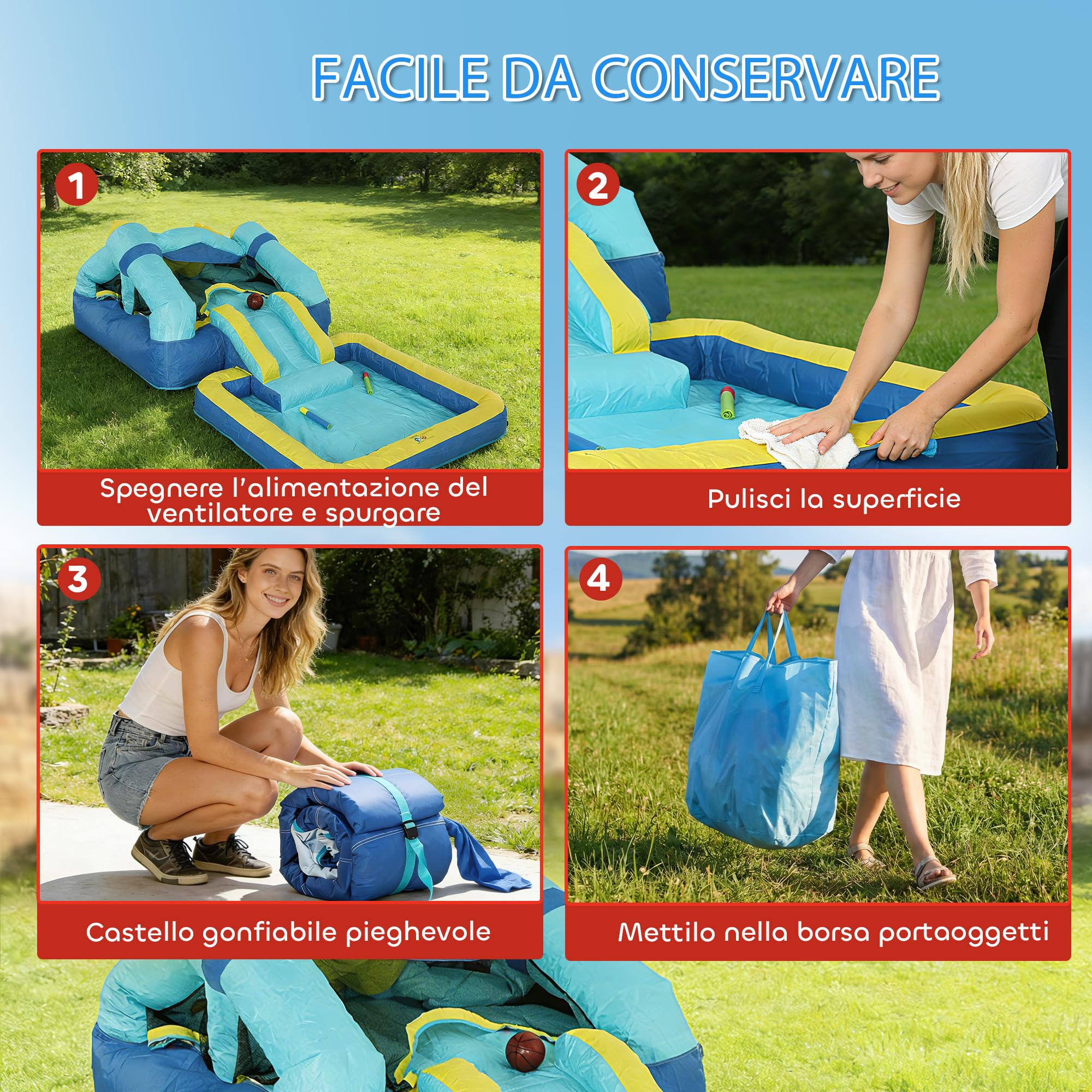 AIYAPLAY 4 in 1 Castello Gonfiabile per Bambini 3-8Anni 364x173x182cm Blu | Scivolo, Trampolino, Piscina Palline/Acqua, Canestro, Palla, Pistole ad Acqua, Soffiatore, Borsa Trasporto, Interni Esterni