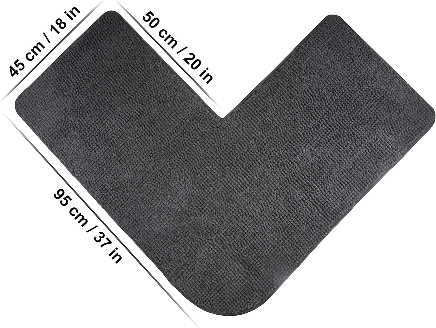 fluffy Bath Mat for Corner Showers, Made of Chenille, with Non-Slip Bottom (L-Shape | Inner Dimensions 20 x 20 inch, Anthracite)