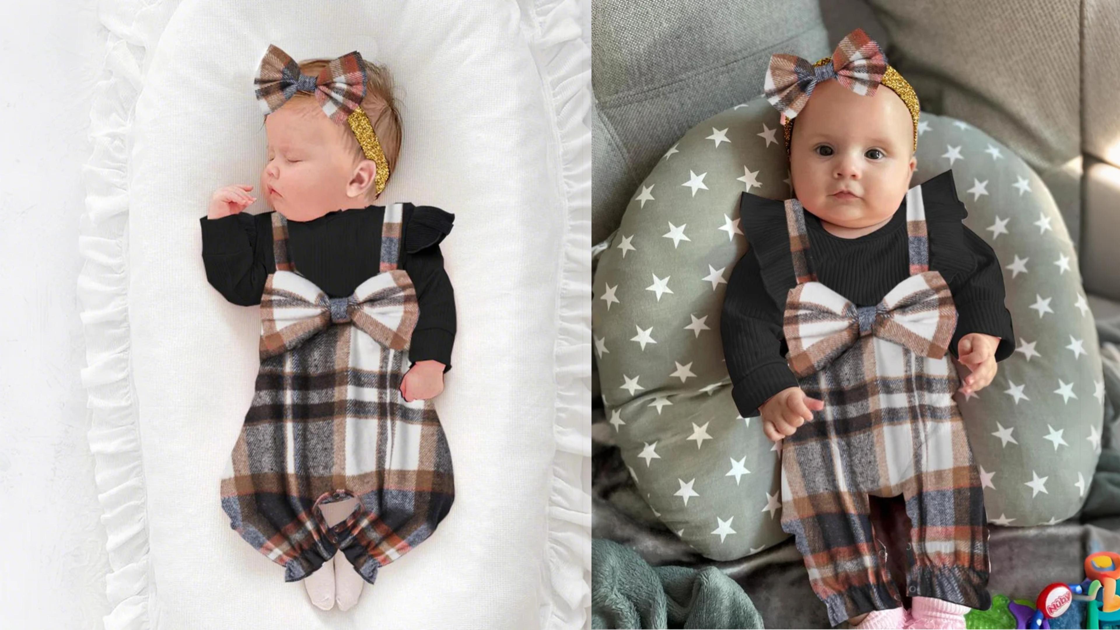 Baby Girl Long Sleeve Romper Outfit With Headband - Fall Winter Infant Clothing Set