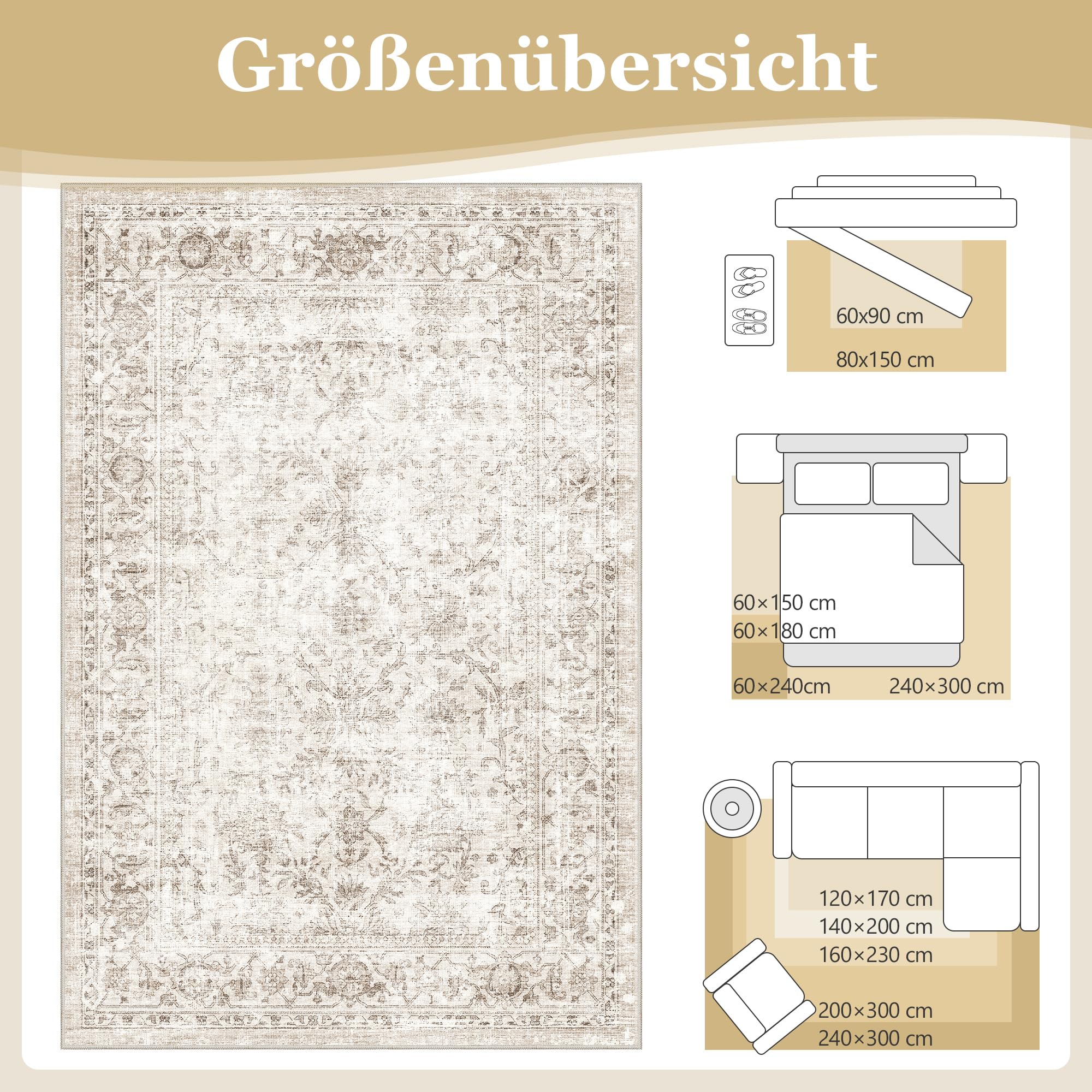 Beauoop Vintage Teppich Läufer Flur 60x240 cm Beige Waschbar Küchenteppich | Kurzflor Weich Rutschfest Retro Teppichläufer Bettvorleger Schlafzimmer Wohnzimmer Eingangsbereich Pflegeleicht Kitchen Rug