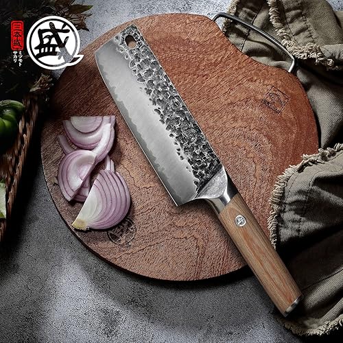 Miniatura 3 de MITSUMOTO SAKARI Cuchillo de chef japonés Nakiri de 7 pulgadas, cuchillo de cocina profesional forjado a mano para verduras, cuchillos de chef