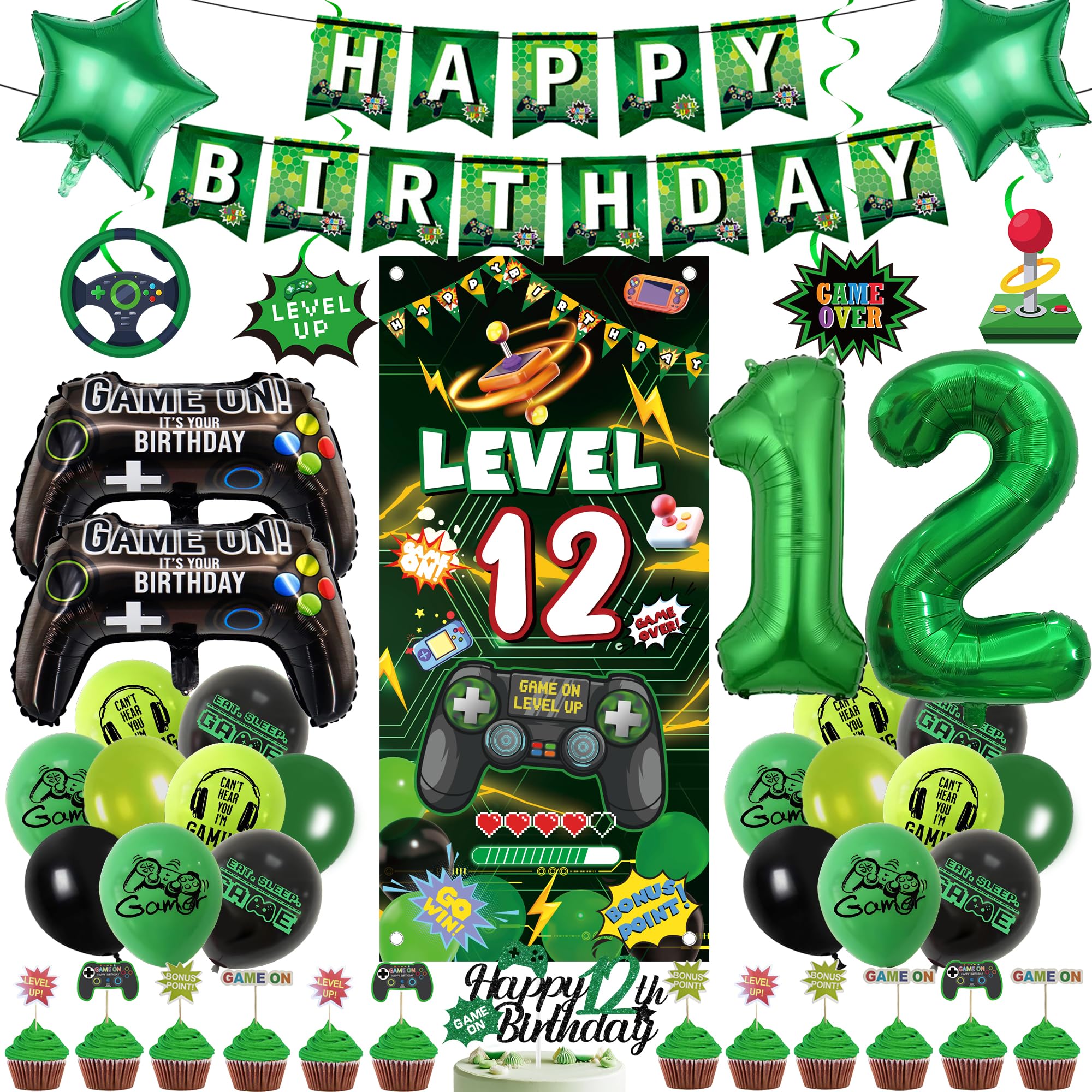12th Birthday Decorations Video Game - 45 Pcs Green Gaming Birthday Decorations Including Banner, Number 12 Foil Balloon, Backdrop and Cake Toppers for 12 Years Old Party Supplies