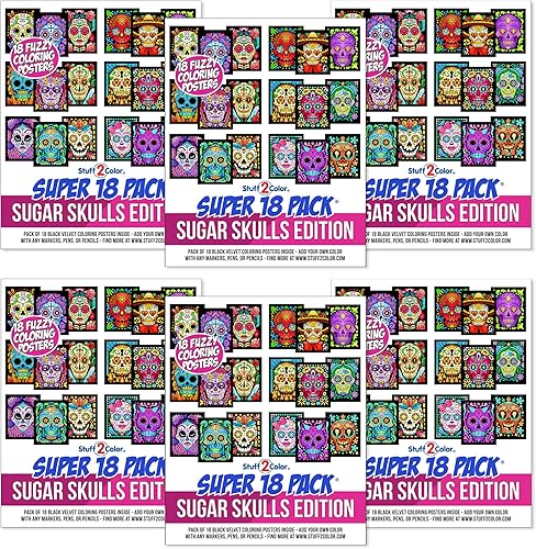 Paquete de 18 pósteres de terciopelo mullido para colorear (edición de calaveras de azúcar), ideal para niños, Halloween, día de los muertos, día de