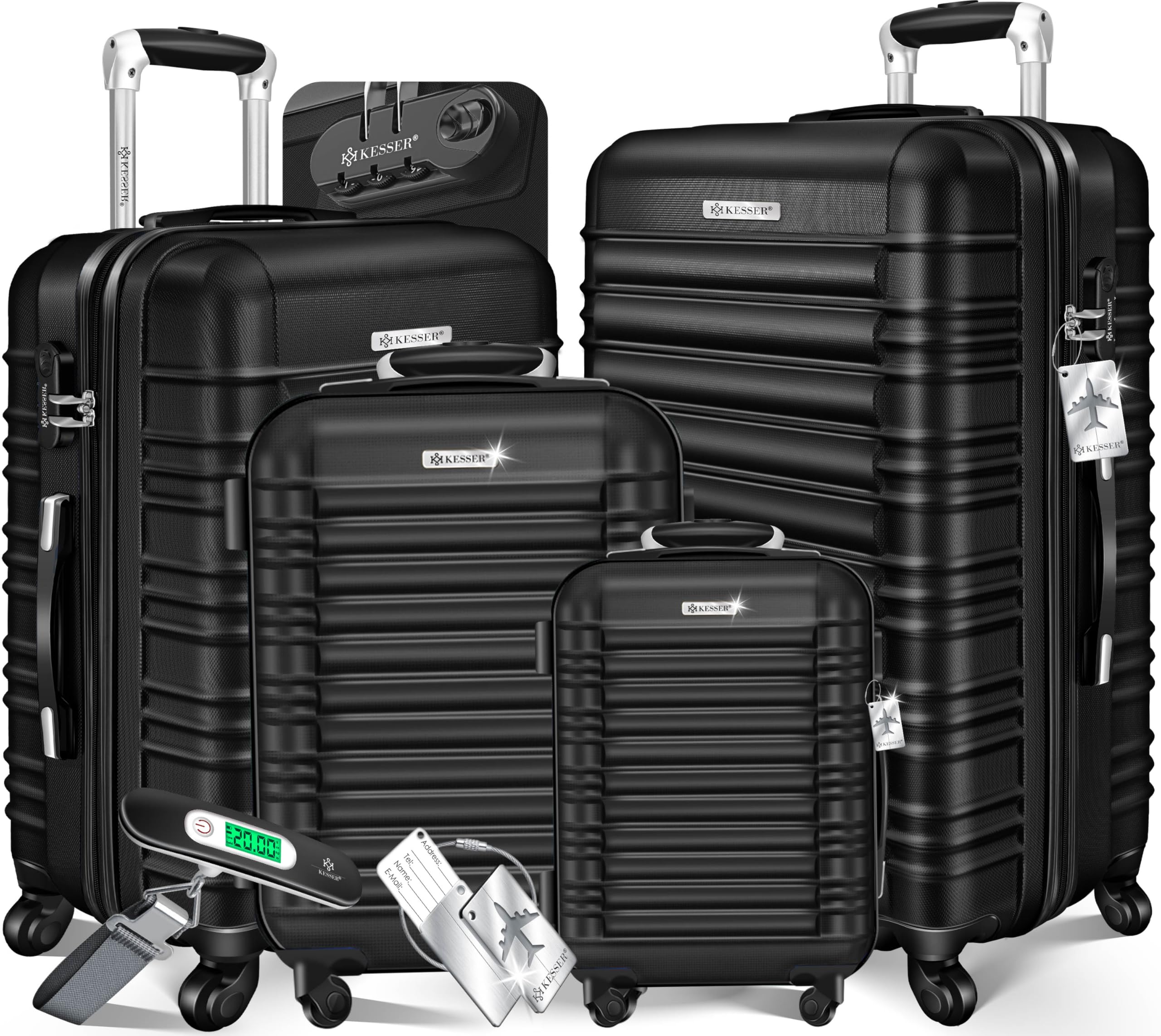 KESSER® 4tlg. Hartschalenkofferset Hartschalenkoffer Reisekoffer Set Reisekofferset Trolley Koffer 4 Rollen ABS-Hartschale Teleskopgriff Inkl. Kofferwaage + Gepäckanhänger Rollkoffer Schloss, S-M-L-XL