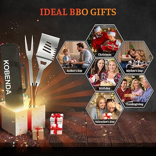 Miniatura 4 de Juego de herramientas para parrilla de barbacoa con bolsa de almacenamiento y asas de grano de madera, accesorios de parrilla resistentes, juegos