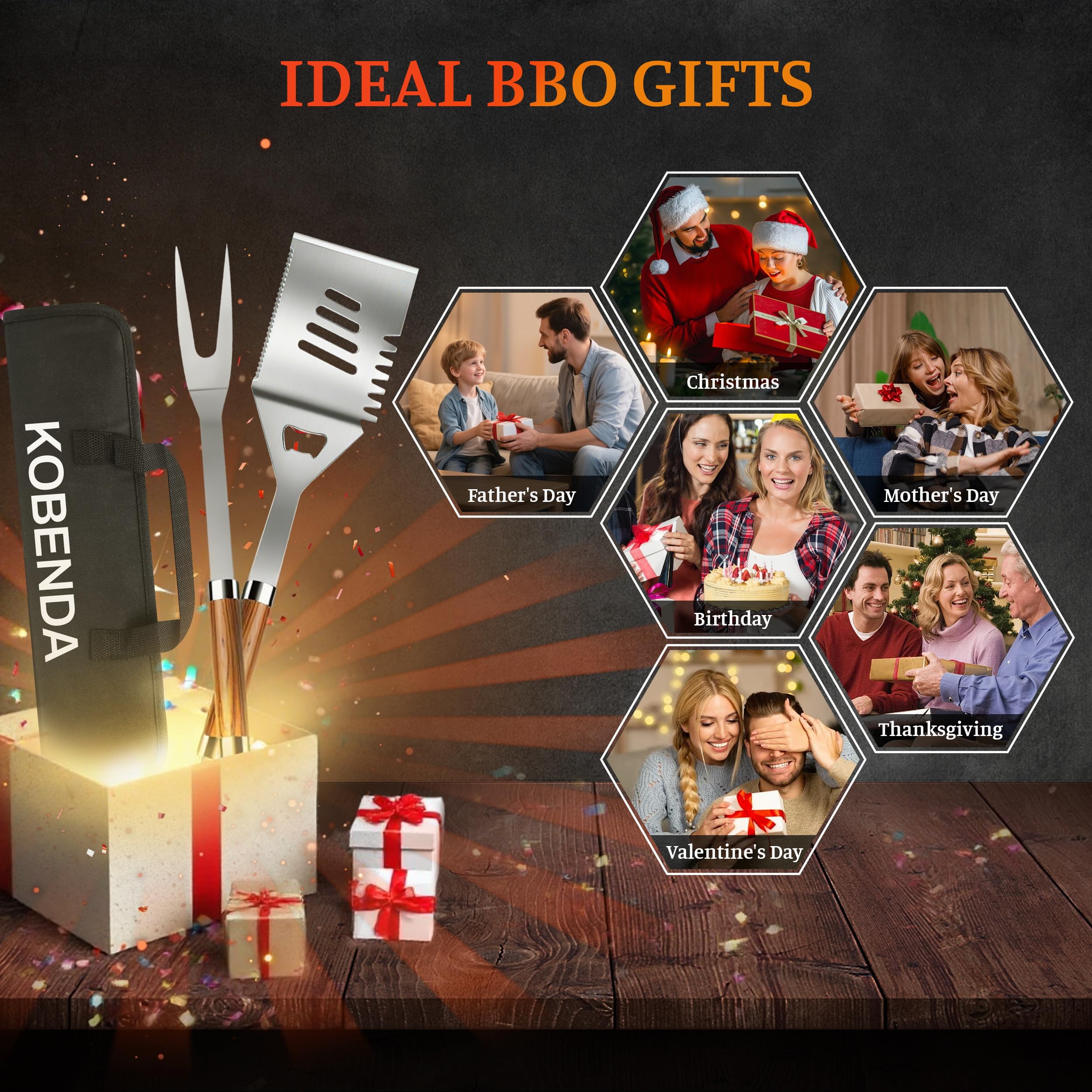 Juego de 7 cubiertos para barbacoa de acero inoxidable con bolsa de almacenamiento, juego de barbacoa con asas de madera resistentes al calor, ideal como regalo de barbacoa para hombres