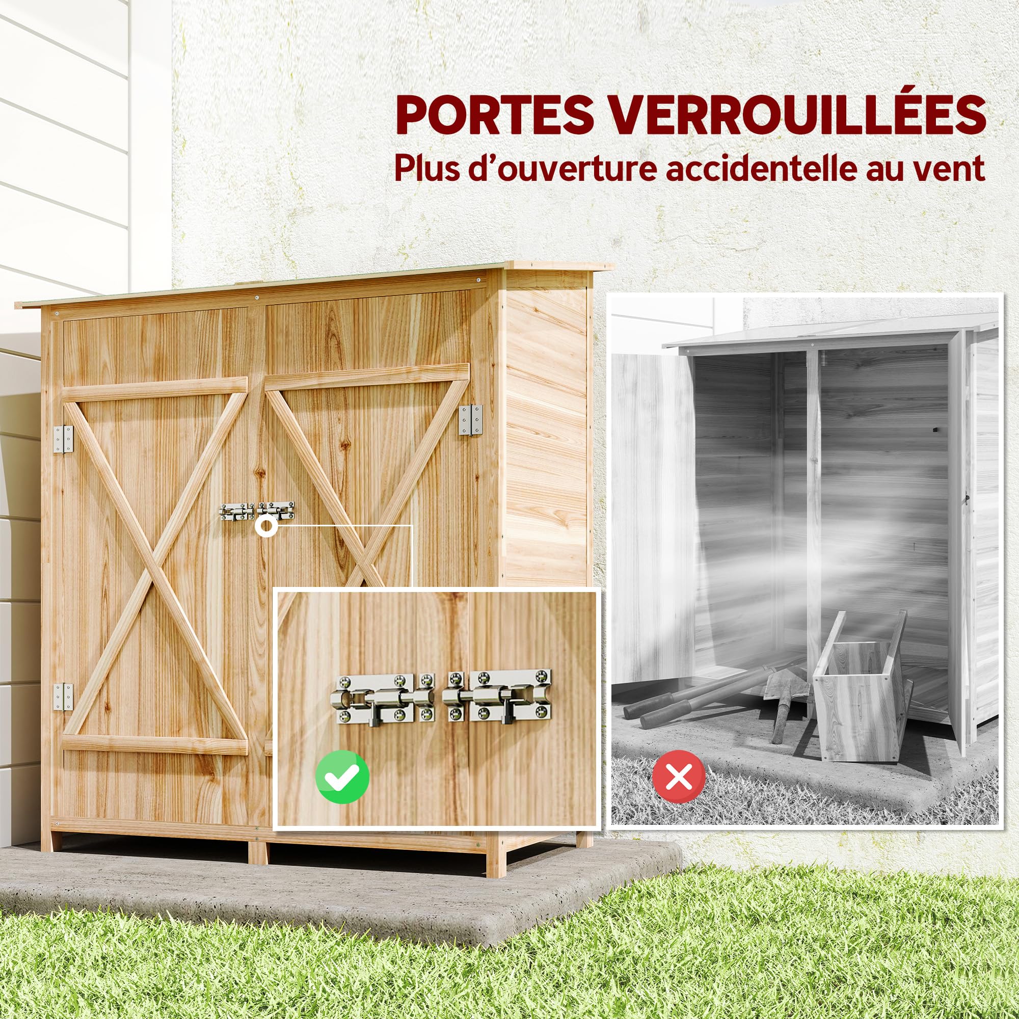 Outsunny Armoire de Jardin Cabane à Outils 2 Portes verrouillables Toit en Bitume imperméable Bois de Sapin 140x75x157 cm