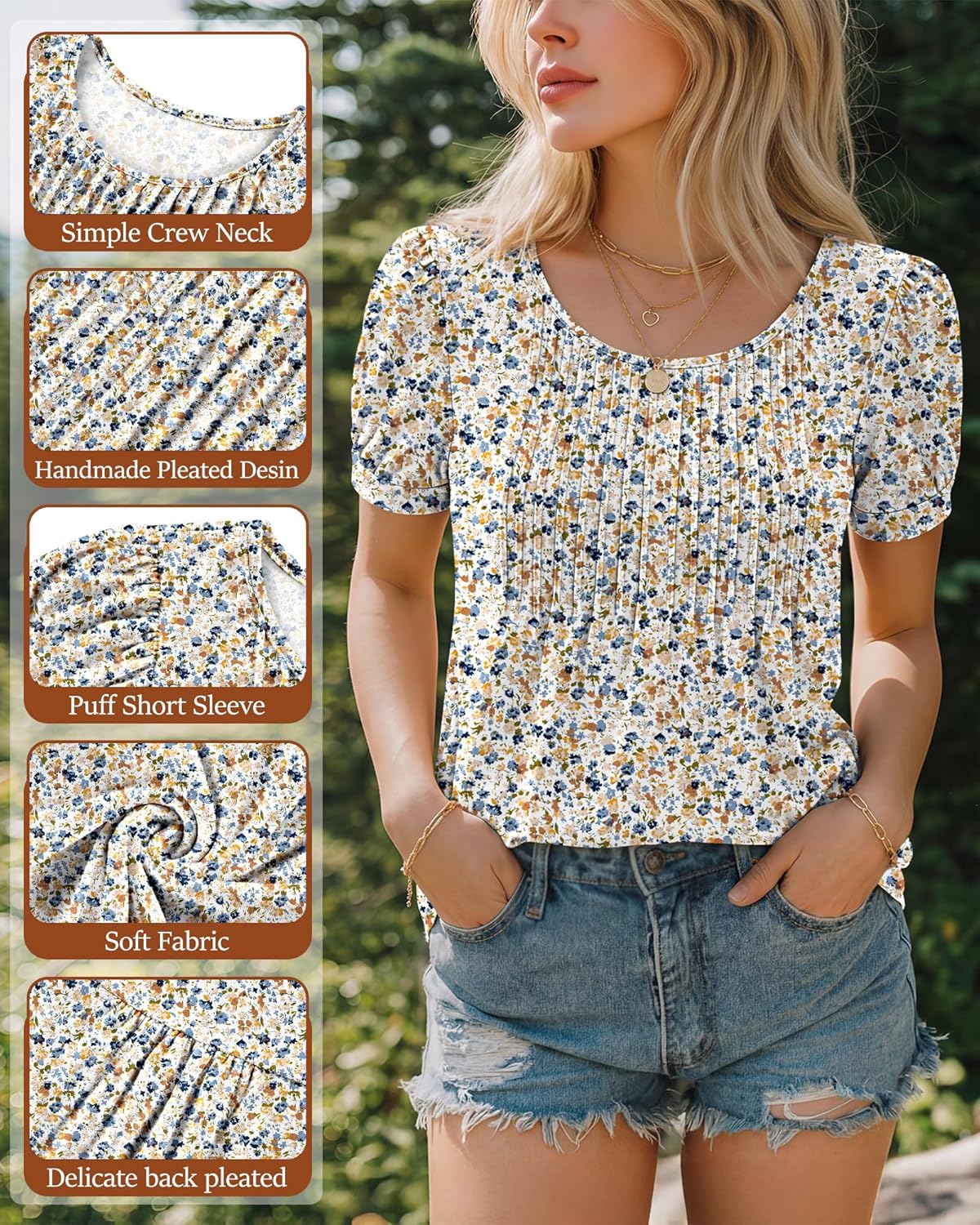 Ficerd Women's Puff Short Sleeve Tunic Tops Pleated Crew Neck Summer Blouses Dressy Casual Loose T Shirts - Image 4