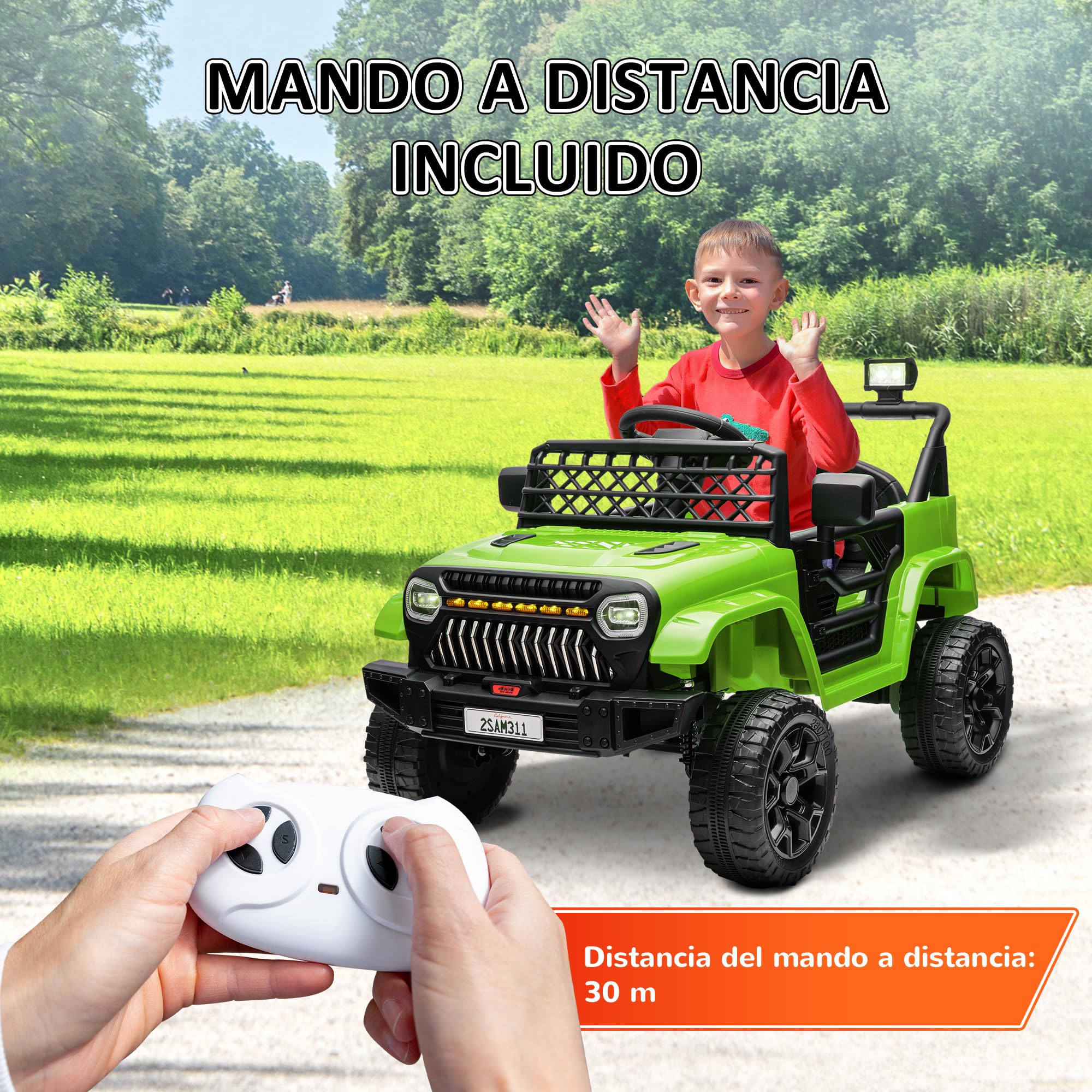 AIYAPLAY Coche Eléctrico para Niños de +3 Años Coche Eléctrico Infantil de Batería 12V con Mando a Distancia Velocidad Ajustable USB Faros Bocina Verde