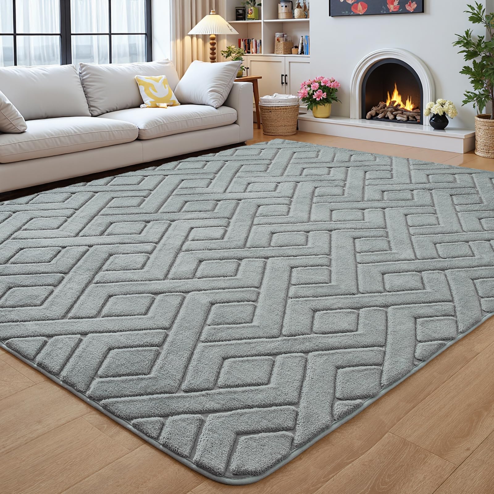 Flagover 4x6 Grey Washable Area Rug for Bedroom, Modern Geometric Shag Non-Slip Living Room Rugs, Fluffy Plush Soft Memory Foam Carpet for Kids Boys