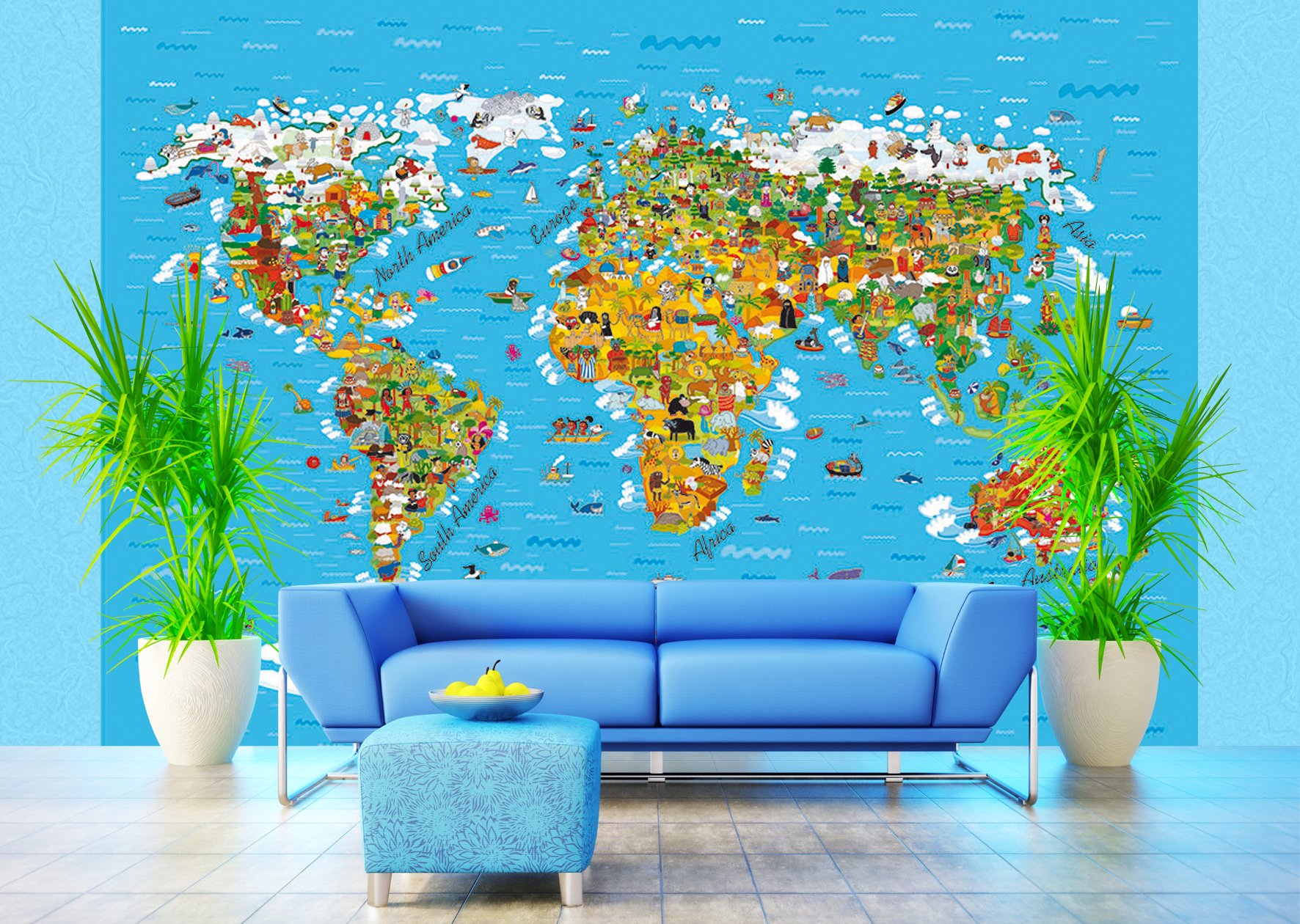 Sanders & Sanders fototapeta mapa świata dla dzieci niebieskim,żółtymIbiałym 360 x 254 cm