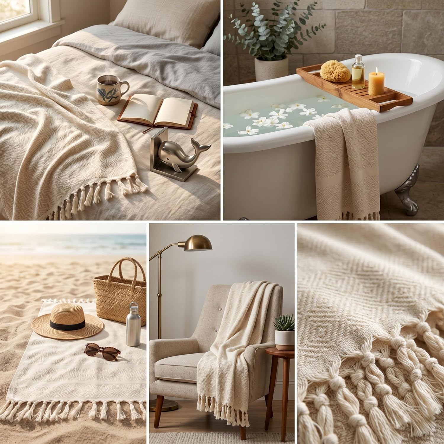 La'Venti Home Turkish Beach Towel - Cream Diamond Pattern, Sand Free, 100% Turkish Cotton, Oeko-TEX Certified, Quick Dry, Lightweight Oversized Travel Towel - 39x71 Inch