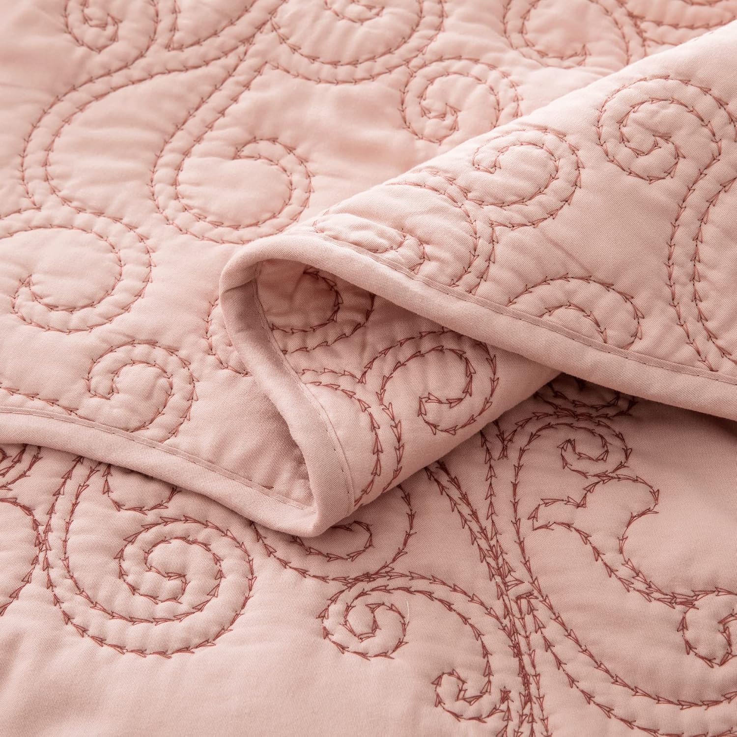 Quilt Bedspread Queen 4 Piece Bedding Set 90" x 90" Elegant Antique Classy Damask Embroidery with Scallop Edges, Ultra Soft Lightweight Coverlet, Dusty Pink