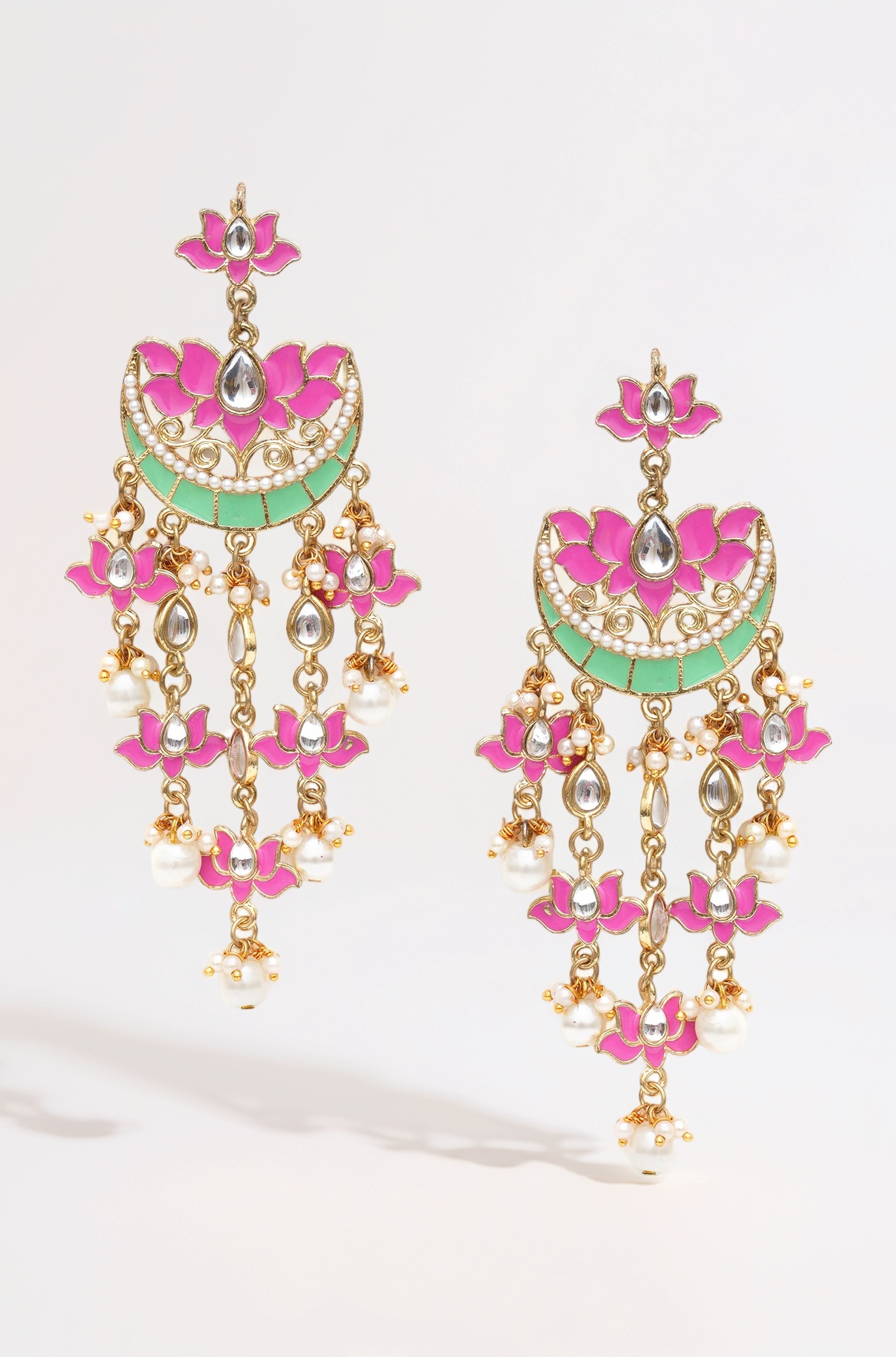 Gold Plated Pink Meena Lotus Design Kundan Dangler Earrings for Women