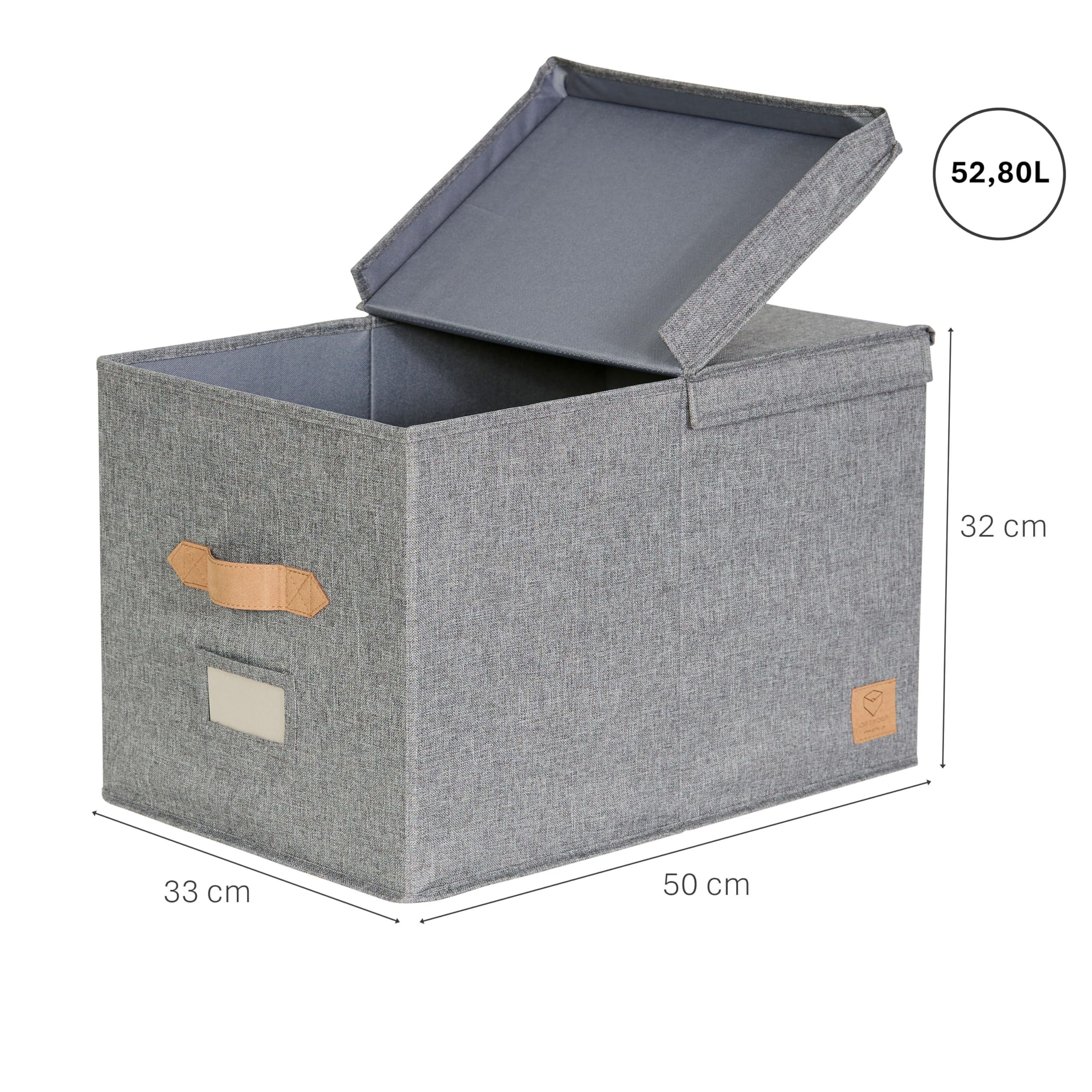 LOVE IT STORE IT Pudełko do przechowywania premium z pokrywką XL – wykonane z lnu – pole na opisy – wzmocnione drewnem – bardzo duże i stabilne – szare – 50 x 33 x 32 cm