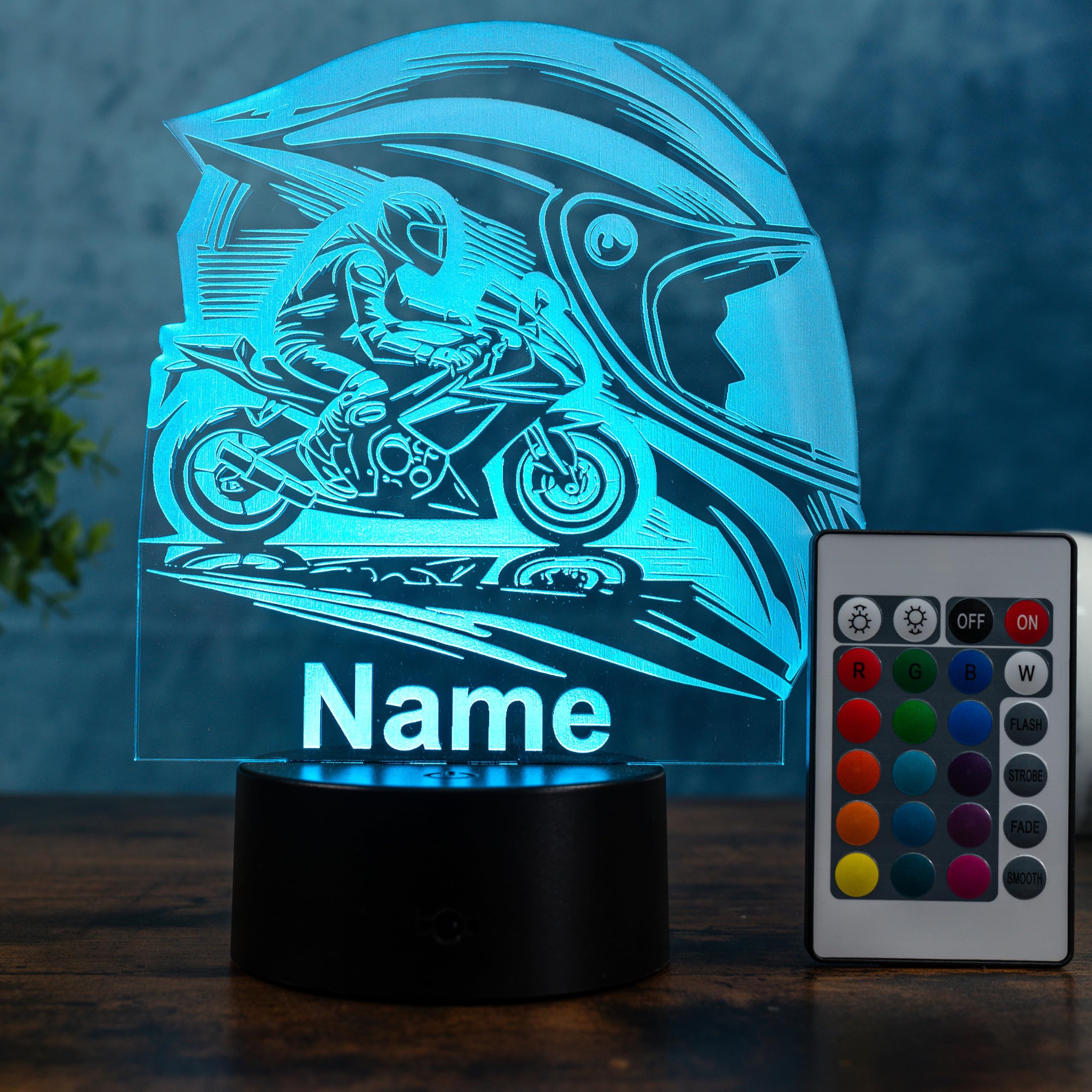 Personalisierte LED Motorrad Lampe – Nachtlicht mit Name & Gravur Geschenkidee für Motorradfahrer & Biker – originelle Motorrad Deko Zuhause, Wohnzimmer & Schlafzimmer dimmbare Tischlampe 16 Farben