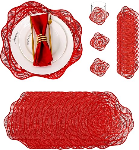 Snowkingdom Juego de 12 manteles individuales y posavasos dorados de vinilo metálico prensado para mesa de comedor, centro de mesa