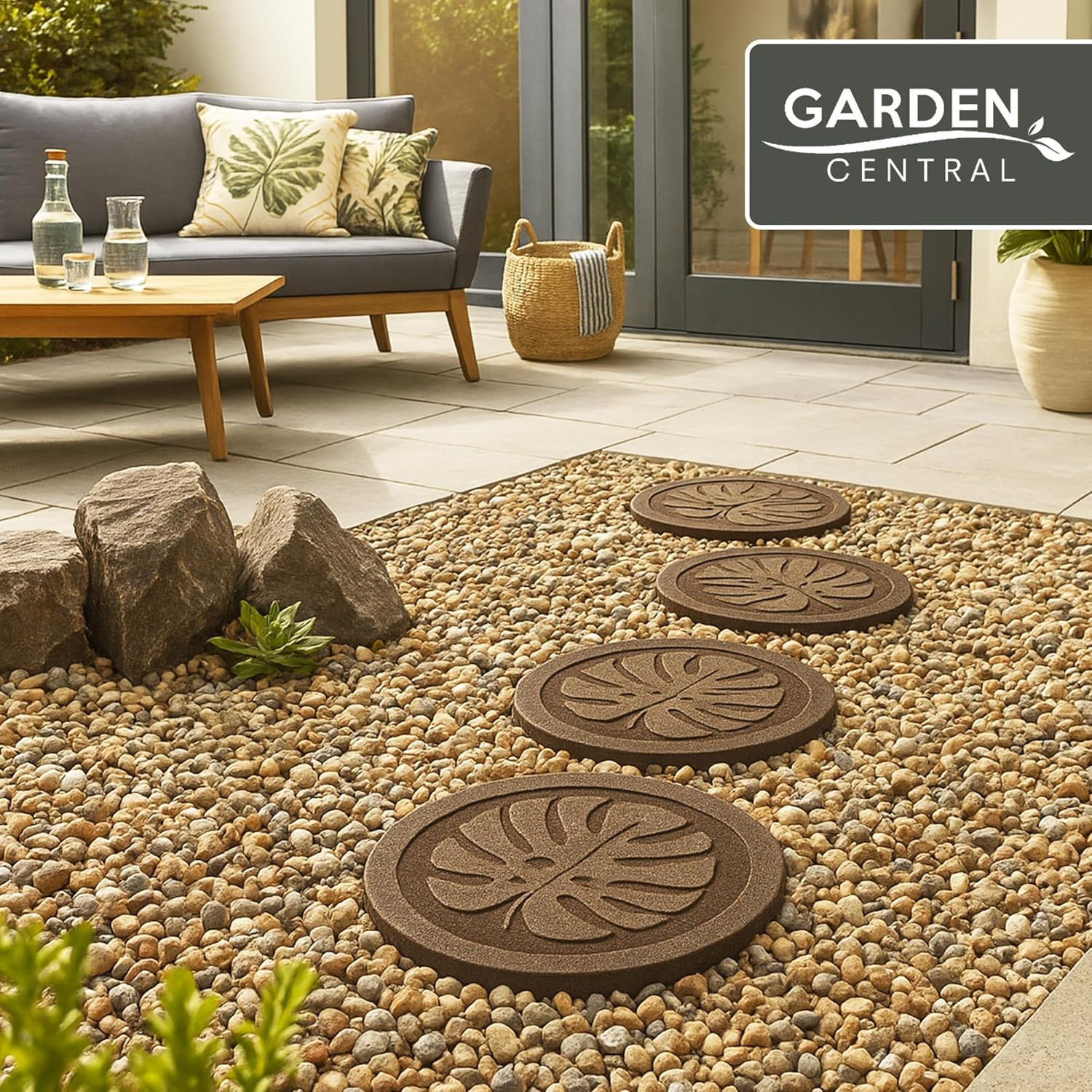 Garden Central 4-Pack 18”x18” Fake Tropical Leaf Rubber Stepping Stones, Round, Brown – Reversible Non-Slip Outdoor Faux Decorative Set for Landscaping – DIY Decor for Walkways & Yard Pathways