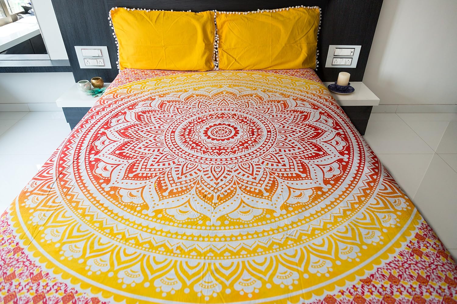 Ombre Mandala Bedspread with Pillow Covers, Indian Bohemian Tapestry Wall Hanging, Picnic Blanket or Hippie Beach Throw, Hippy Mandala Bedding for Bedroom Decor, Queen Size Sunset Hue Boho Tapestry