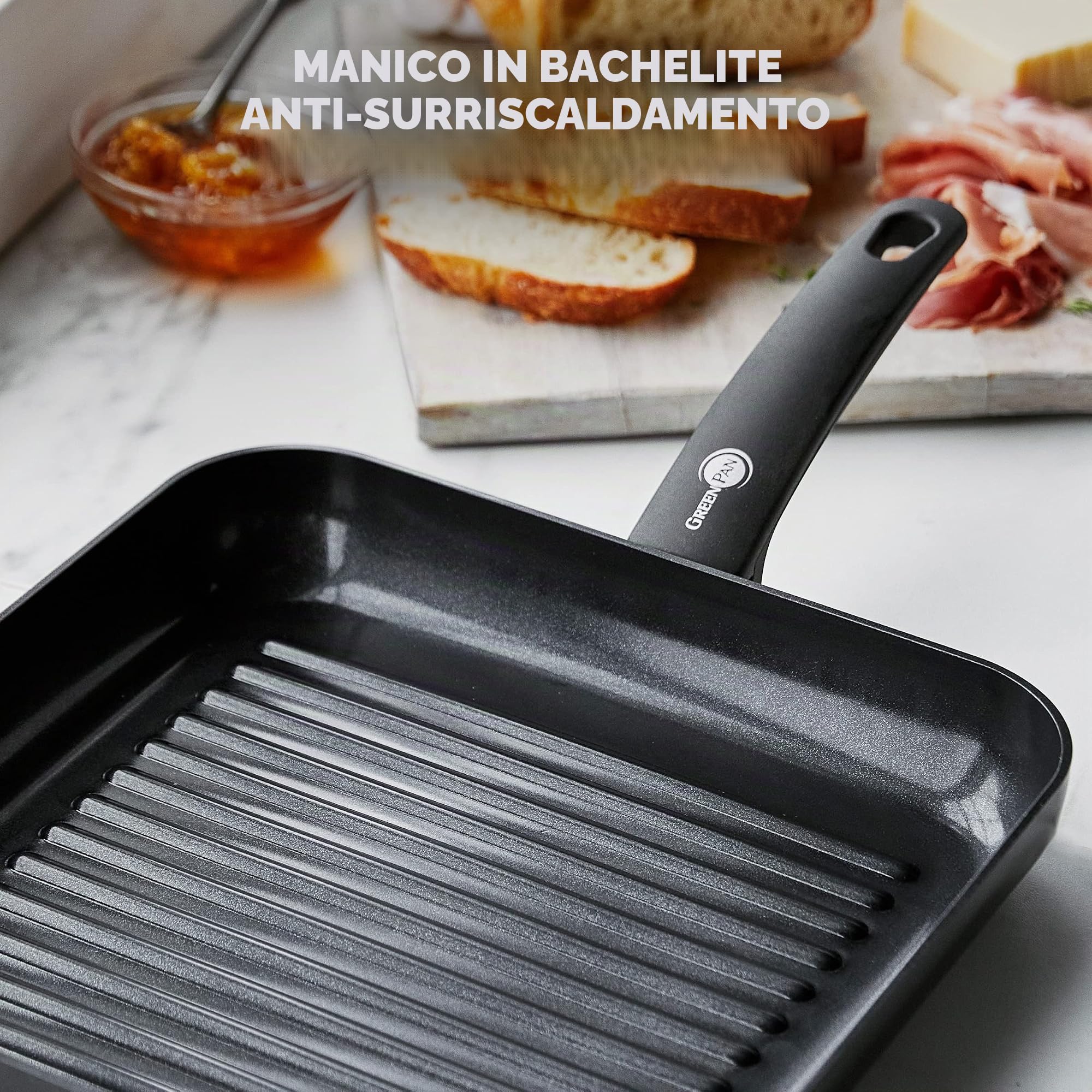 GreenPan Cambridge Padella per Grigliare Quadrata in Ceramica Antiaderente da 28 cm, senza PFAS, Induzione, Lavabile in Lavastoviglie, Forno, Nera