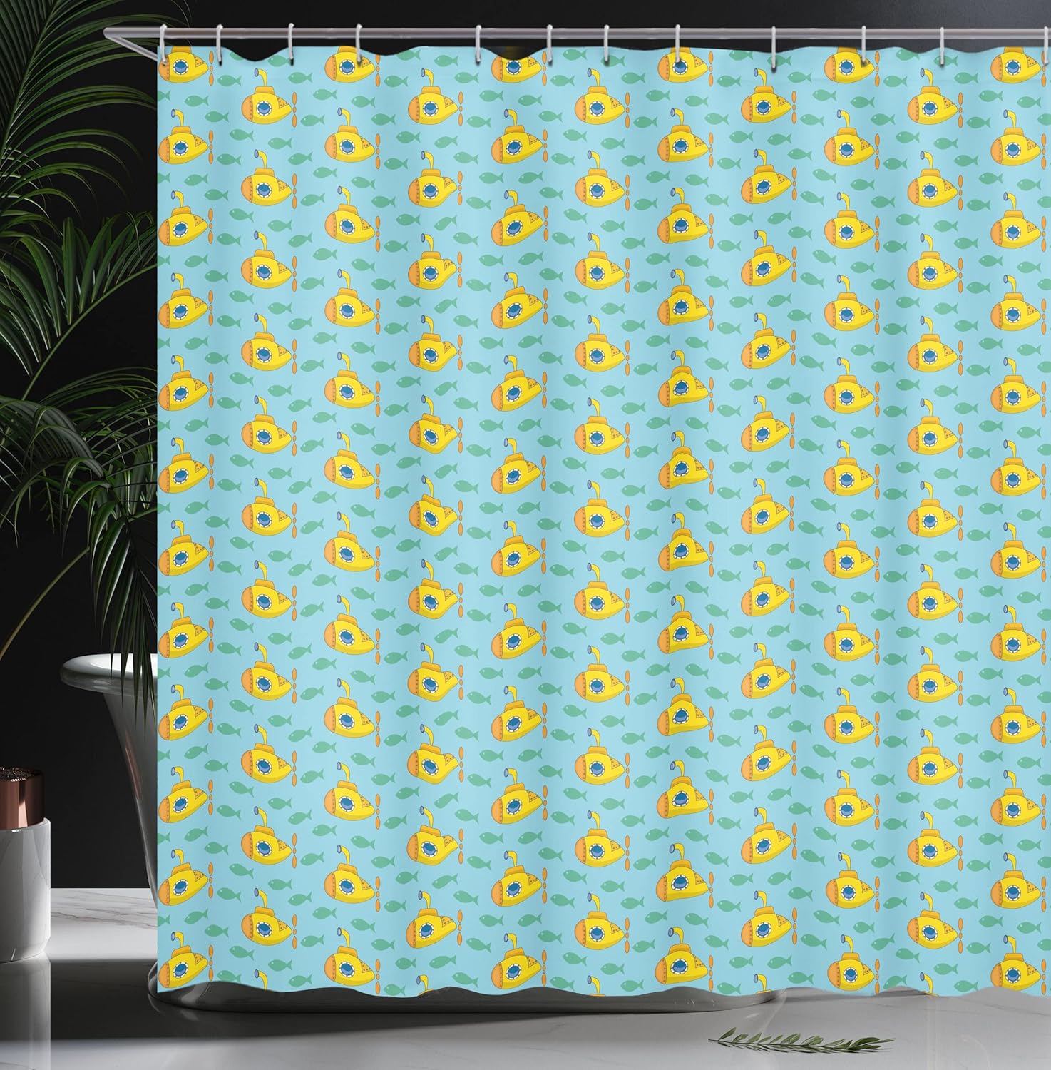 Ambesonne Yellow Submarine Shower Curtain, Aqua Pattern with Little Fish Fun Nautical Porthole Periscope Ocean Theme, Cloth Fabric Bathroom Decor Set with Hooks, 69" W x 70" L, Aqua Yellow