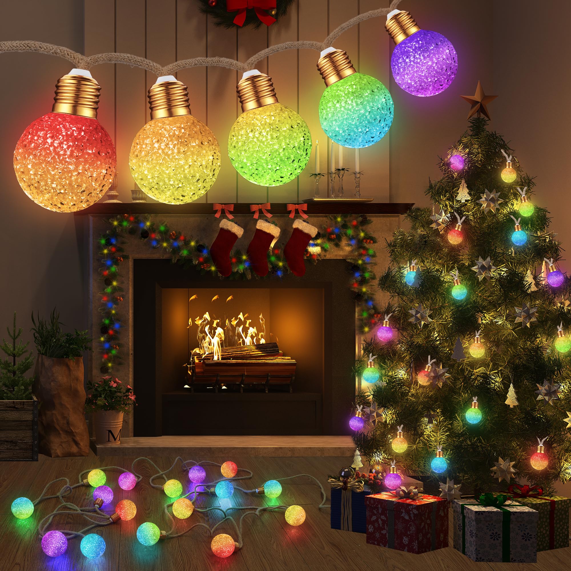 Toodour Christmas String Lights, 26Ft 16 LED Color Changing Globe String Lights, Vintage Rope Hemp Xmas Tree Light for Home, Bedroom, Fence, Holiday, Indoor Outdoor Christmas Decorations