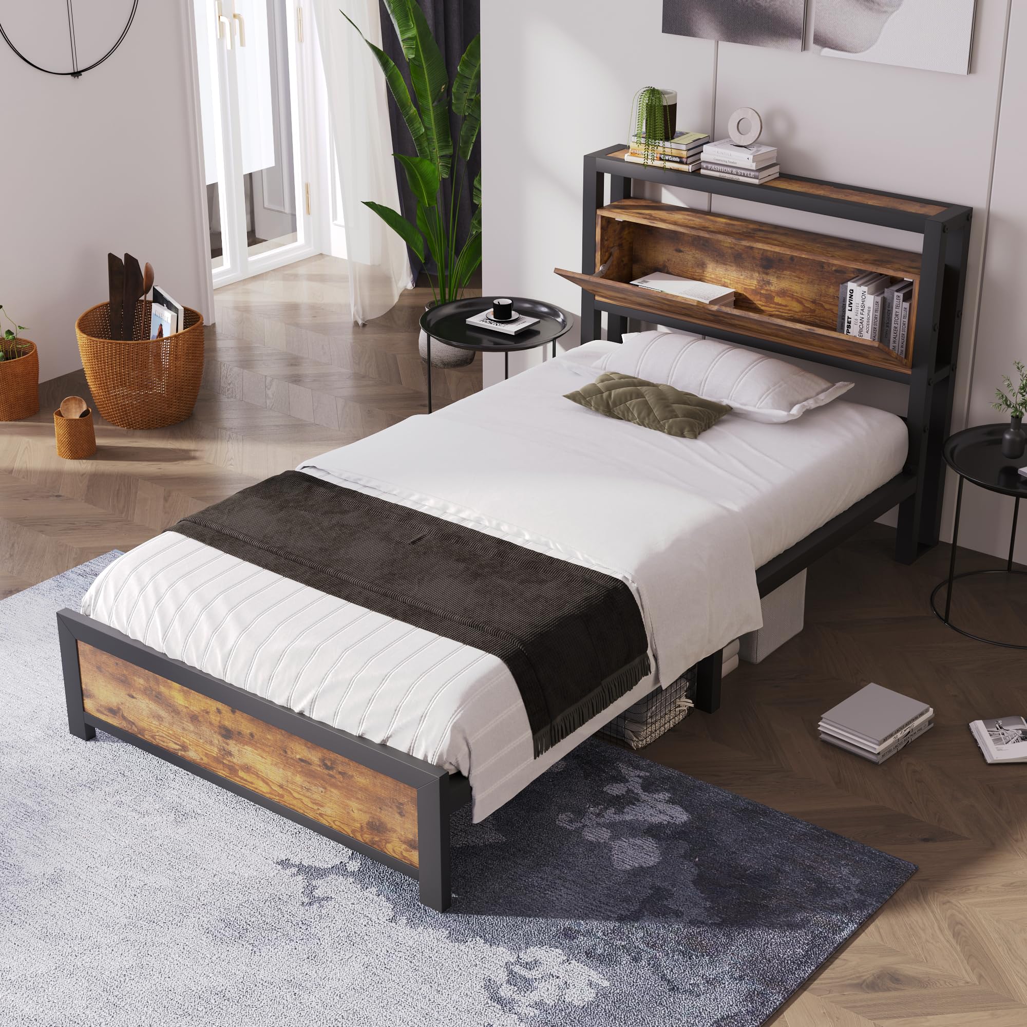 Gecheer Letto Singolo in Metallo con Testiera Contenitore, Letto per Ragazzi 90 x 200 cm in Metallo e MDF, Stile Industriale Nero for Camera da Letto Bambini e Adolescenti