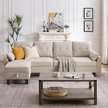 102 Sectional Couches for Living Room, L-Shaped Sofa Couch with Linen Fabric, 4 Seat Sofa Set with Ottoman for Living Room, Apartment Beige