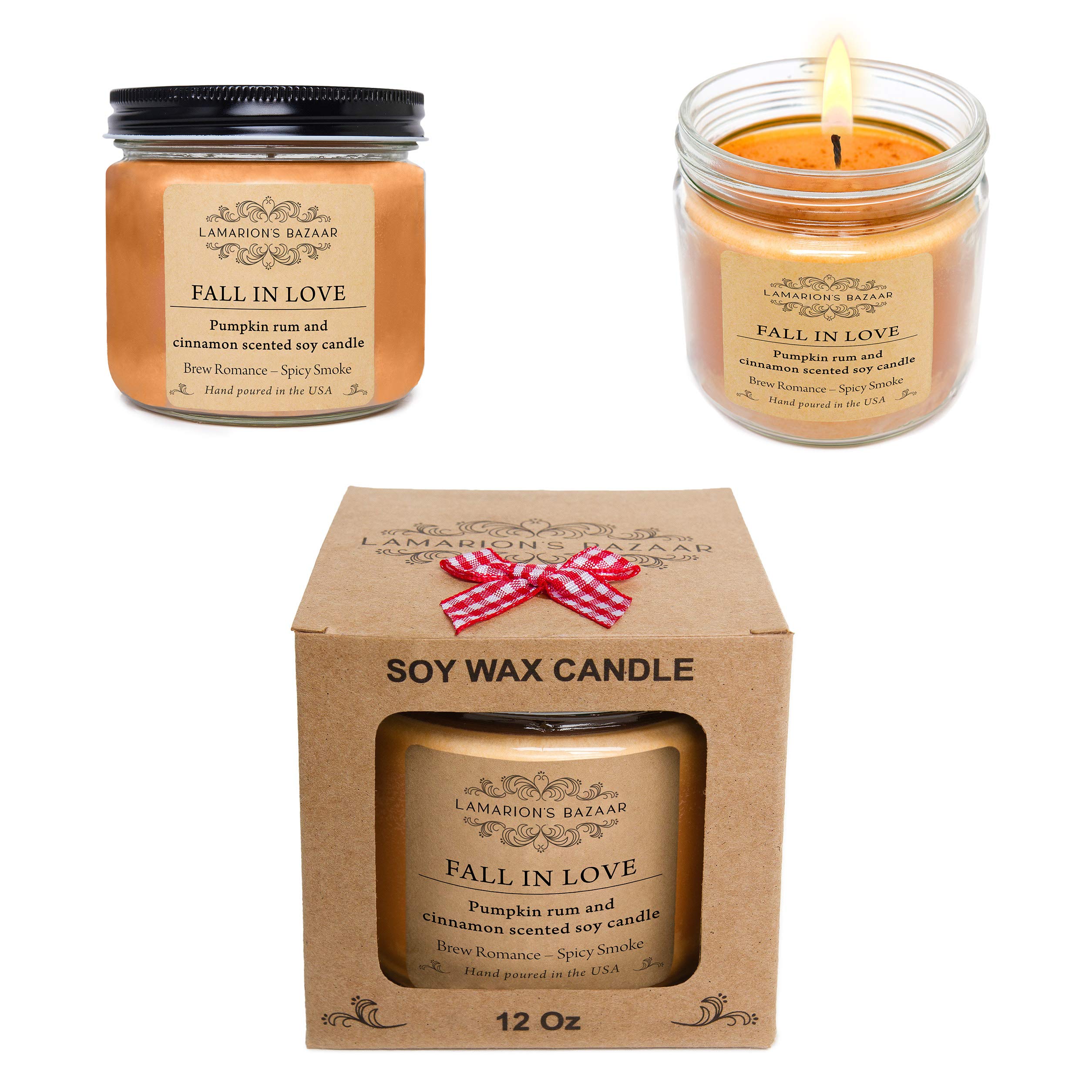 Fall in Love - Pumpkin Rum and Cinnamon Scented Candle with Cinnamon Powder Decor - Large Soy Candle in a Kraft Box