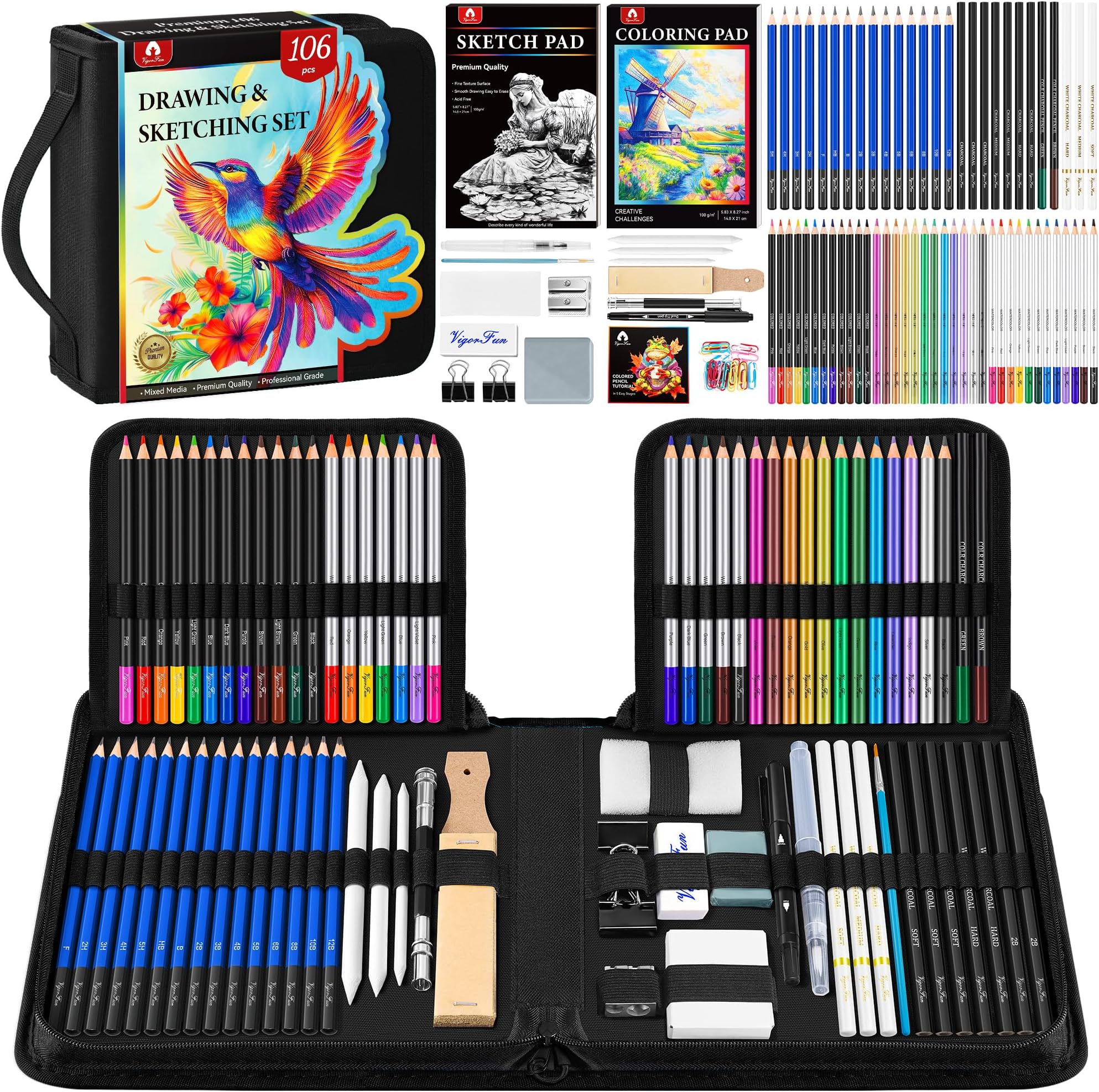 HIFORNY 136 PCS Drawing & Sketching Set,Pro Art Supplies With Graphite,Charcoal,Colored