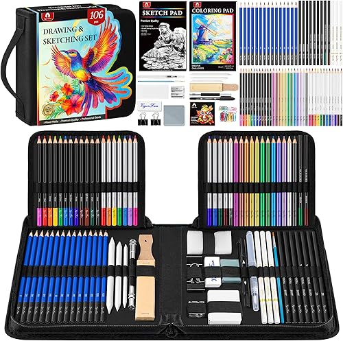 Juego de dibujo de 82 piezas, suministros de arte profesional con 5 clips para blinder, bloc de bocetos de 3 colores, libro para colorear, grafito,